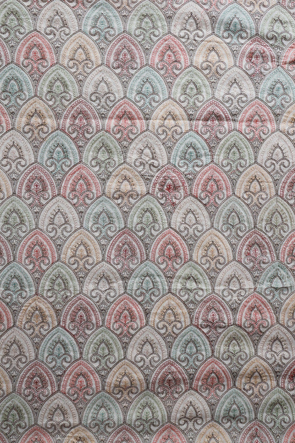 Multi Thread With Zari And Gold Sequins Trellis Embroidery On Off White Organic Cotton Fabric - doeraa