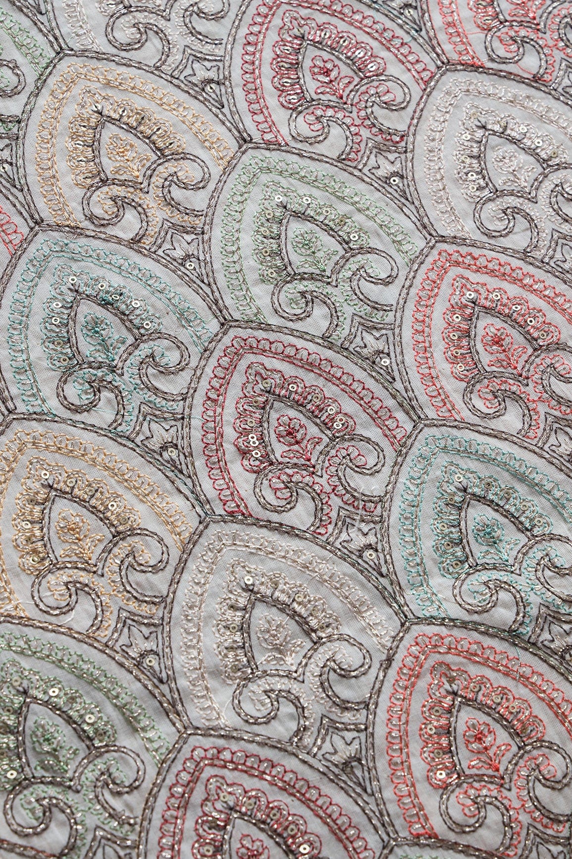 Multi Thread With Zari And Gold Sequins Trellis Embroidery On Off White Organic Cotton Fabric - doeraa