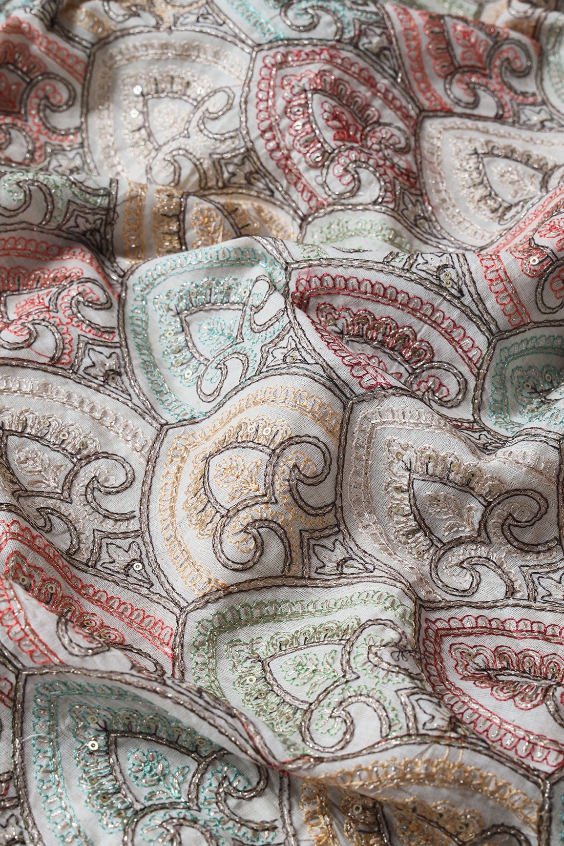 Multi Thread With Zari And Gold Sequins Trellis Embroidery On Off White Organic Cotton Fabric - doeraa