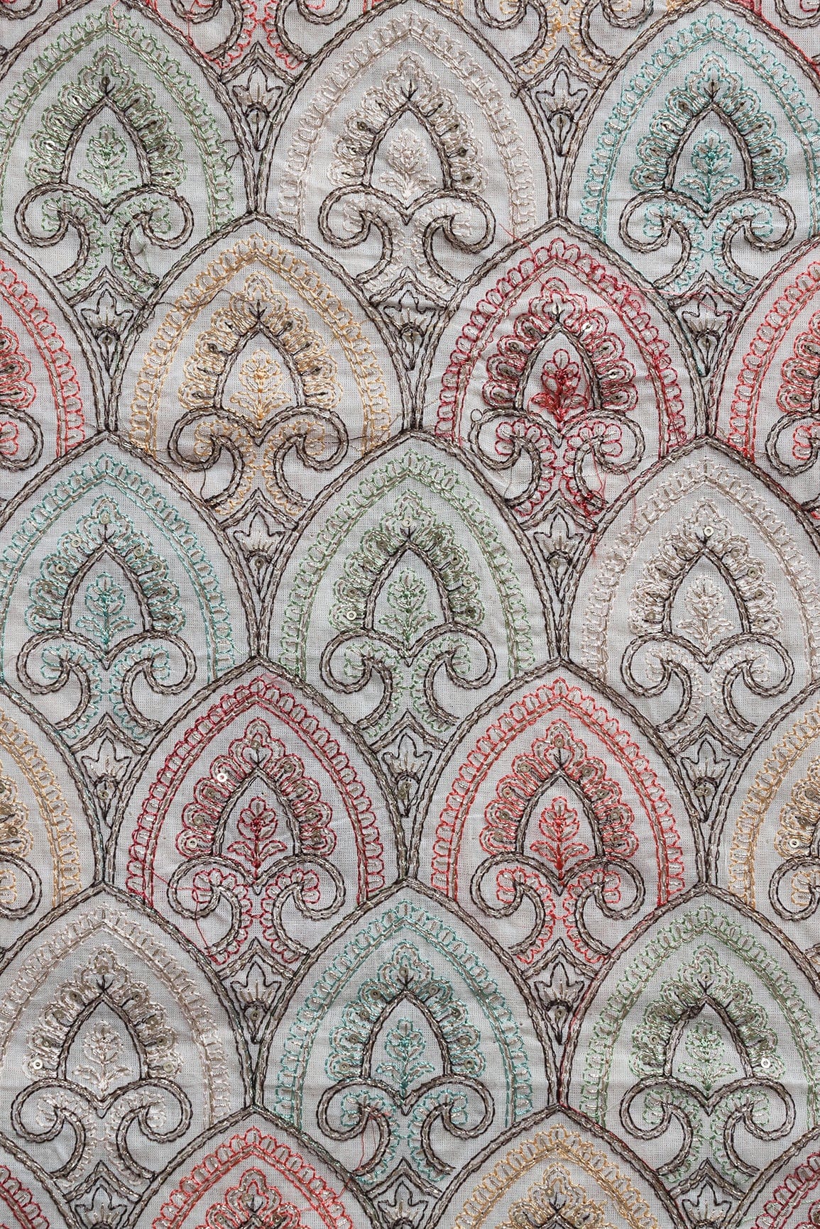 Multi Thread With Zari And Gold Sequins Trellis Embroidery On Off White Organic Cotton Fabric - doeraa