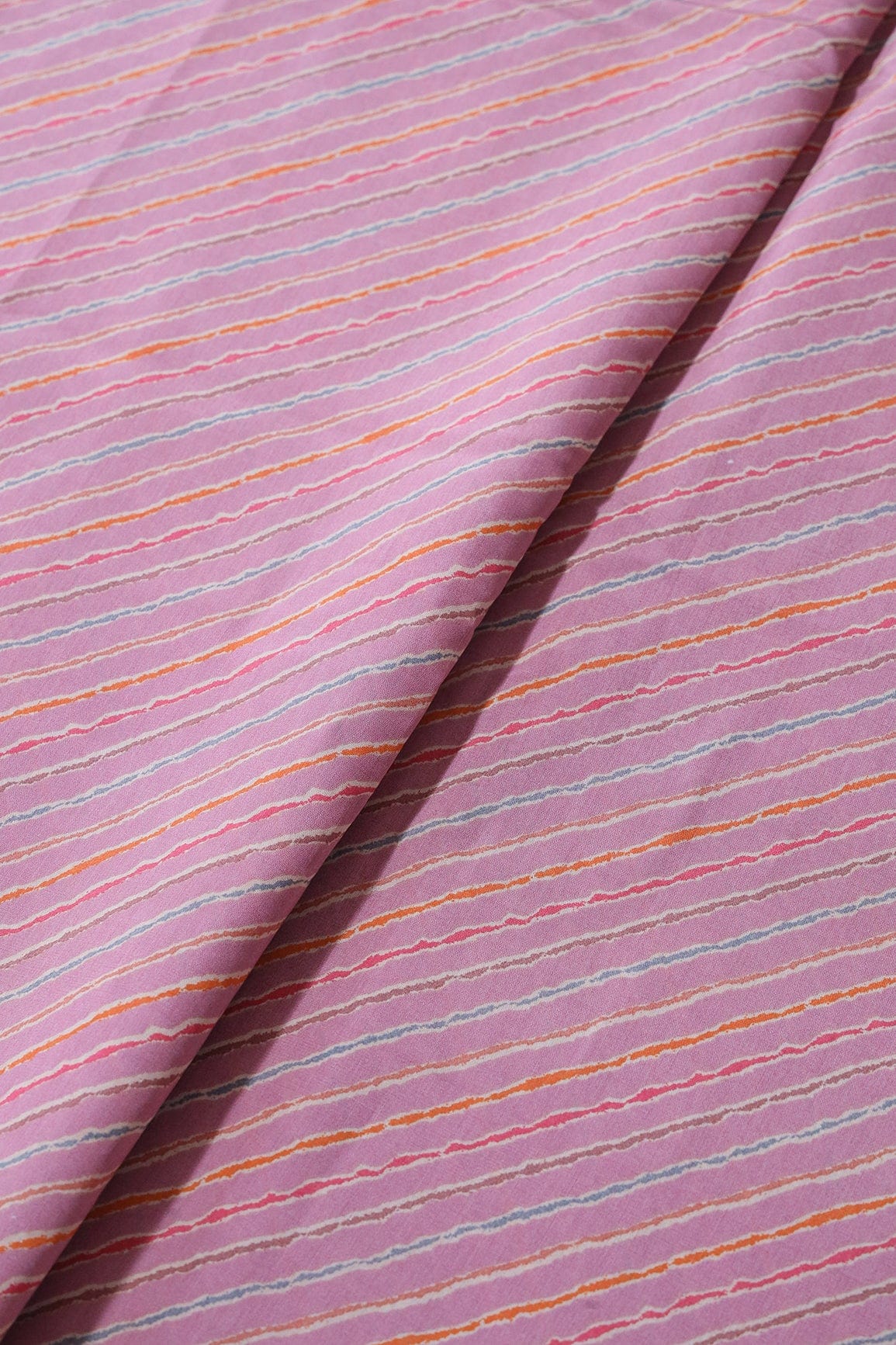 Multicolor Stripes Print On Lavender Pink Viscose Chanderi Silk Fabric - doeraa