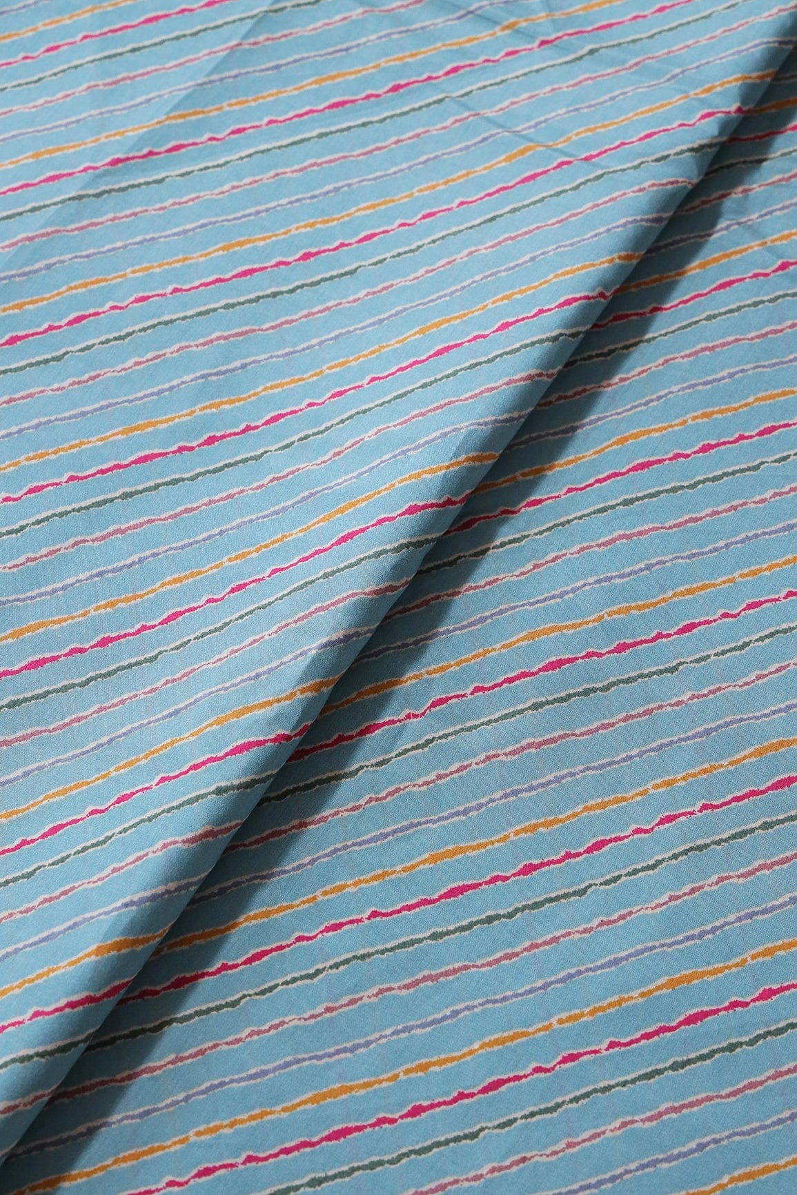 Multicolor Stripes Print On Sky blue Viscose Chanderi Silk Fabric - doeraa