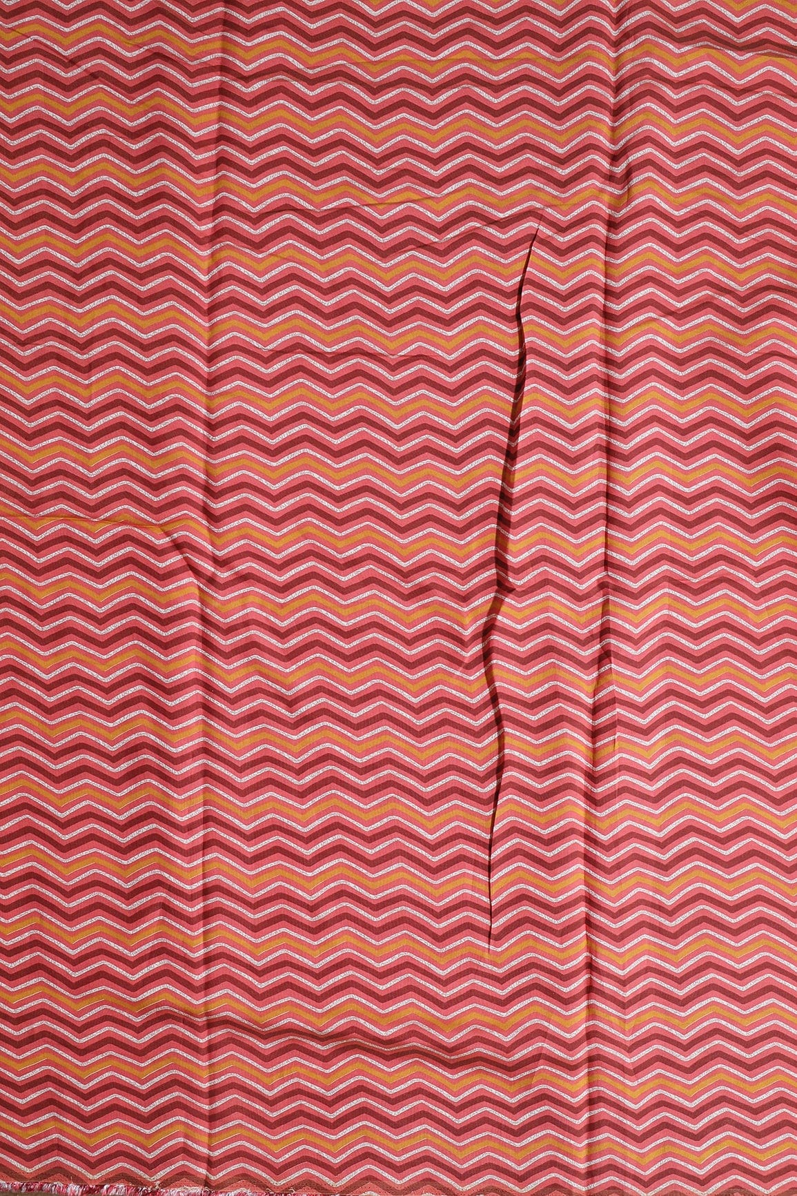 Mustard And Off White Chevron Print On Pink Viscose Chanderi Silk Fabric - doeraa