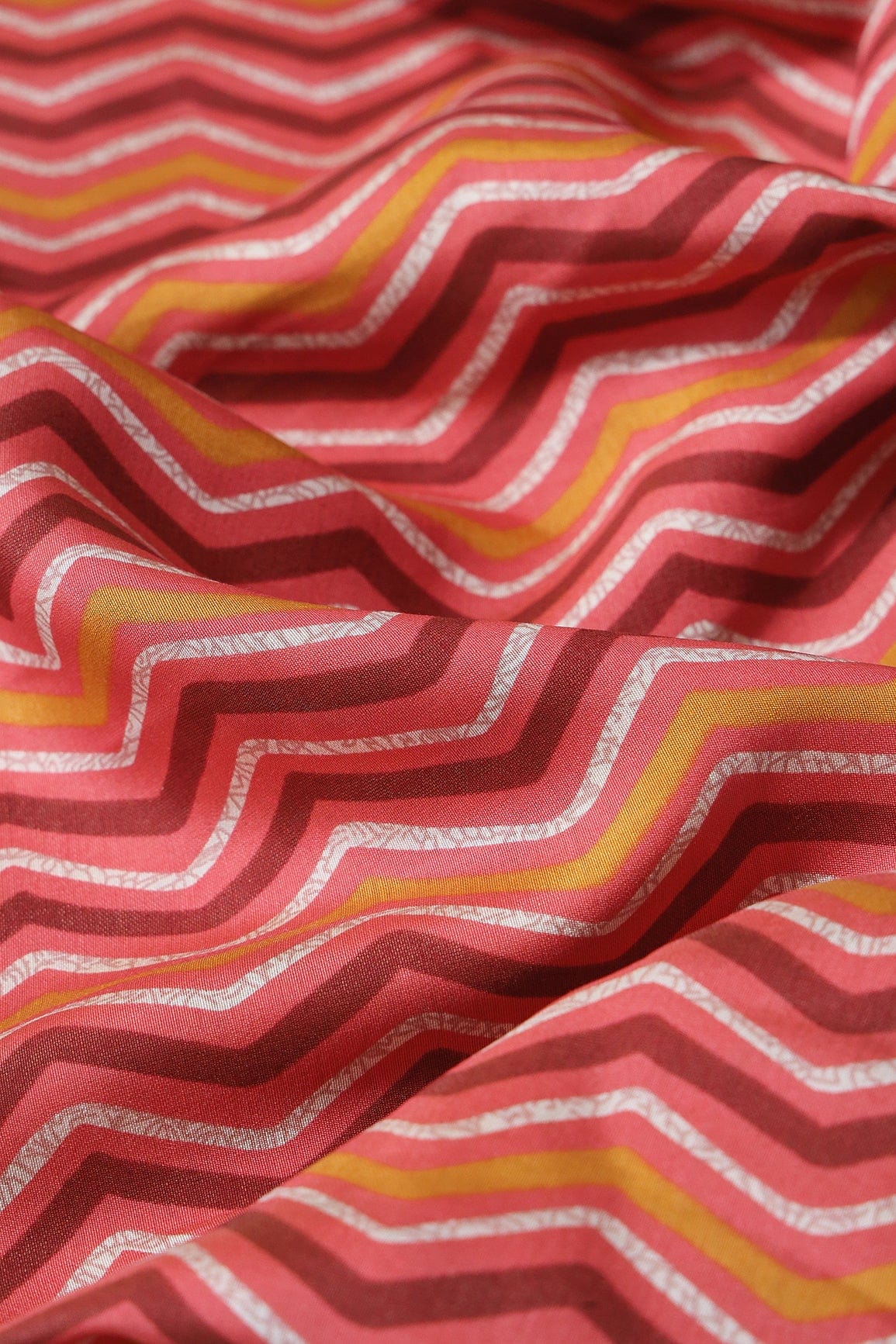 Mustard And Off White Chevron Print On Pink Viscose Chanderi Silk Fabric - doeraa