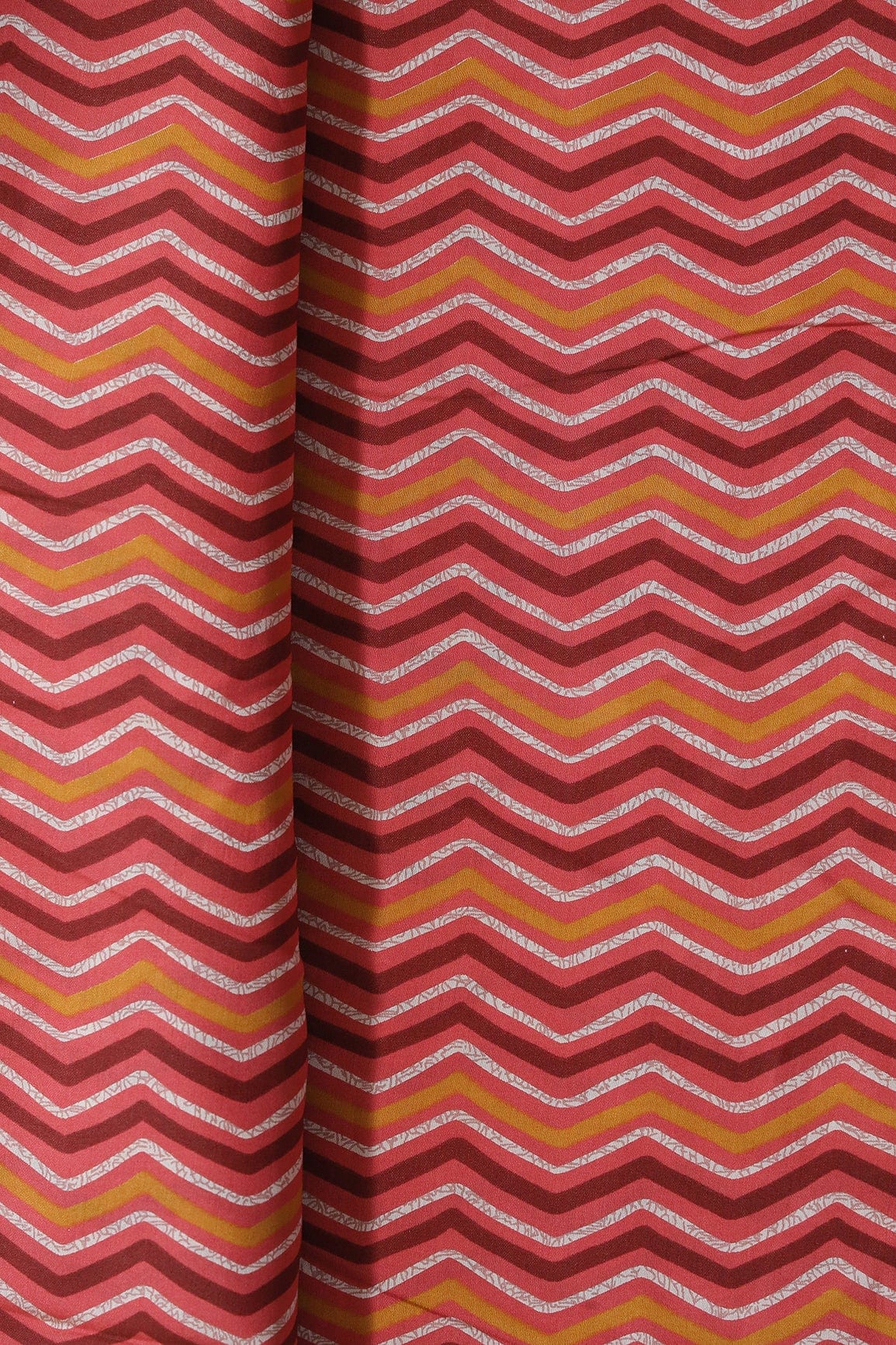 Mustard And Off White Chevron Print On Pink Viscose Chanderi Silk Fabric - doeraa