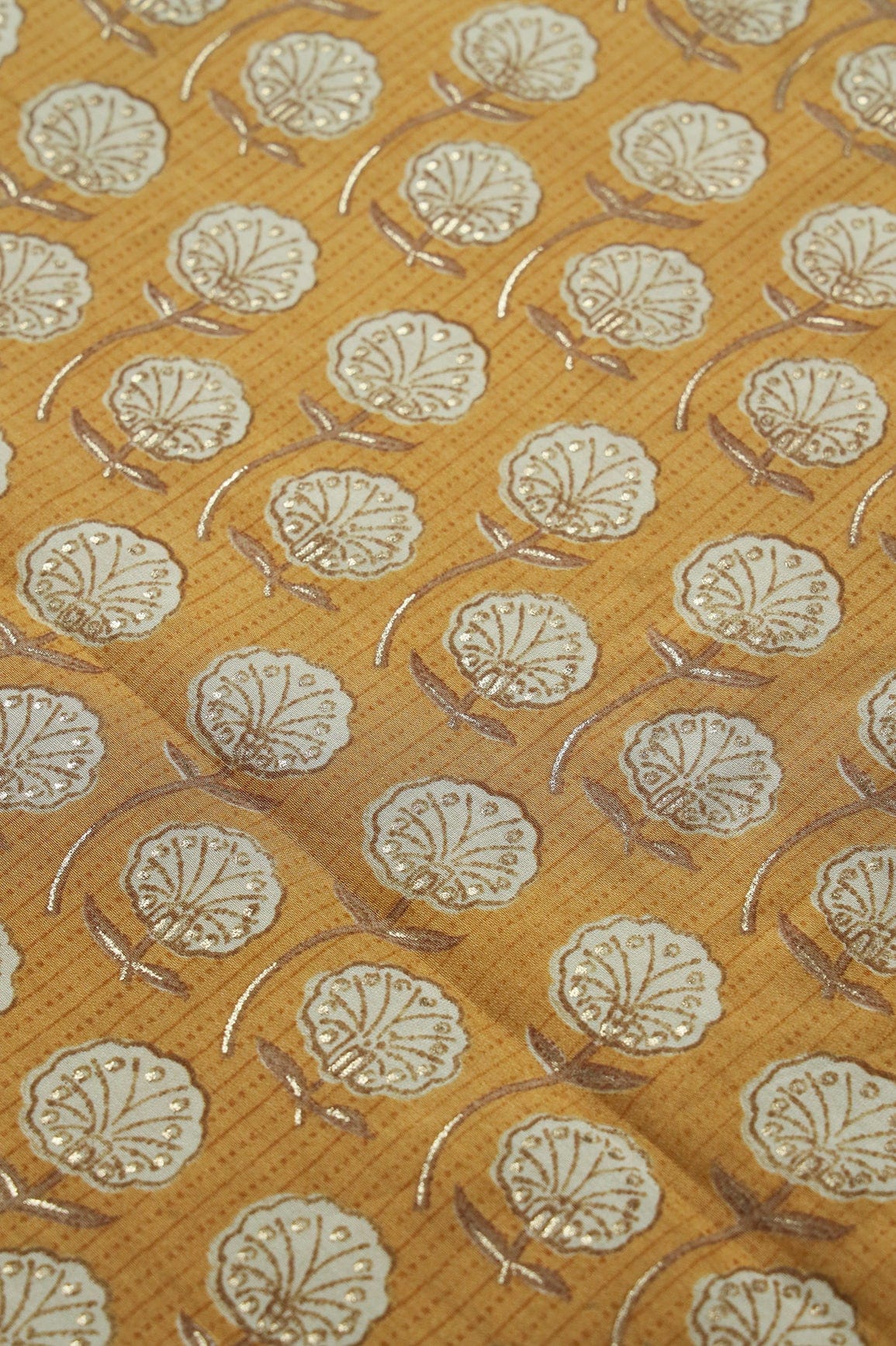 Mustard Yellow And Cream Floral Foil Print On Viscose Chanderi Silk Fabric - doeraa