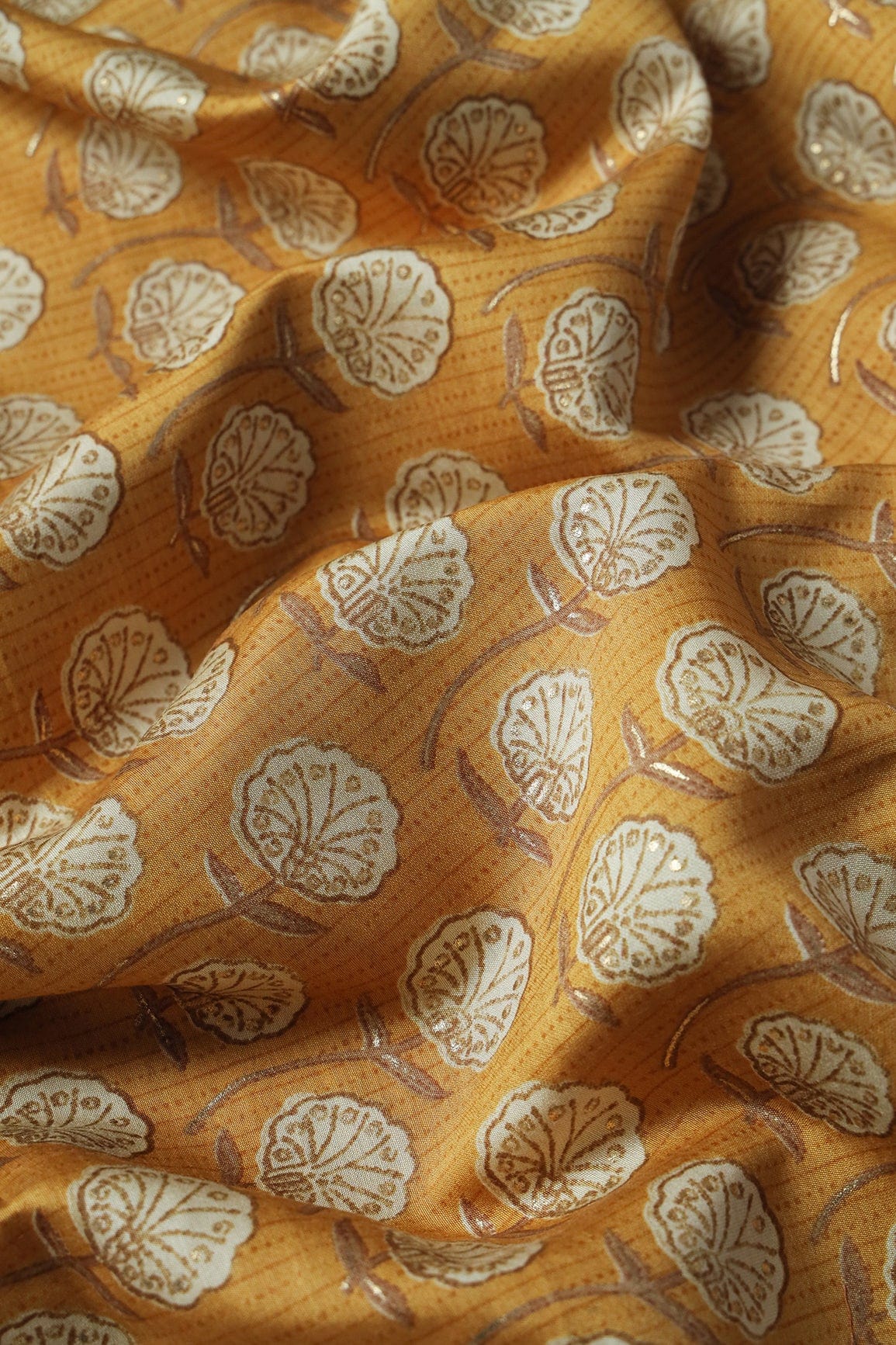 Mustard Yellow And Cream Floral Foil Print On Viscose Chanderi Silk Fabric - doeraa