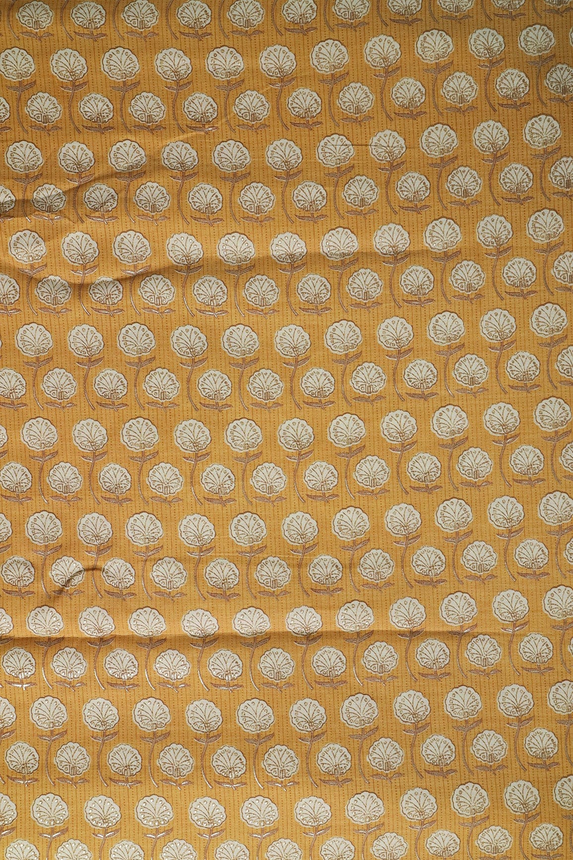 Mustard Yellow And Cream Floral Foil Print On Viscose Chanderi Silk Fabric - doeraa