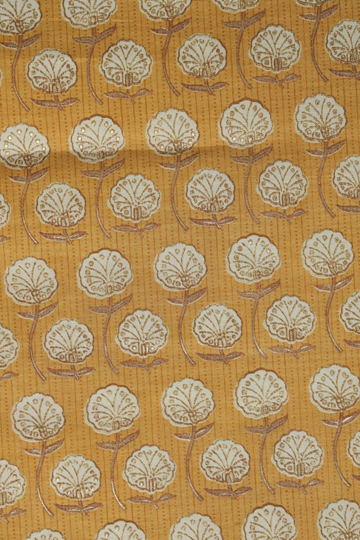 Mustard Yellow And Cream Floral Foil Print On Viscose Chanderi Silk Fabric - doeraa