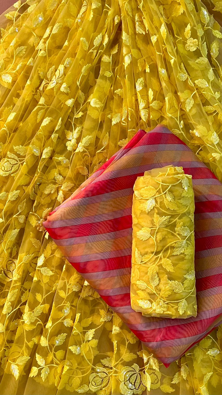 Mustard Yellow And Orange Unstitched Lehenga Set Fabric (3 Piece) - doeraa