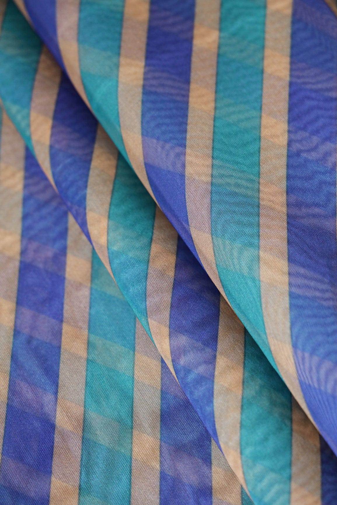 Navy Blue And Sky Blue Stripes Digital Print On Organza Fabric - doeraa