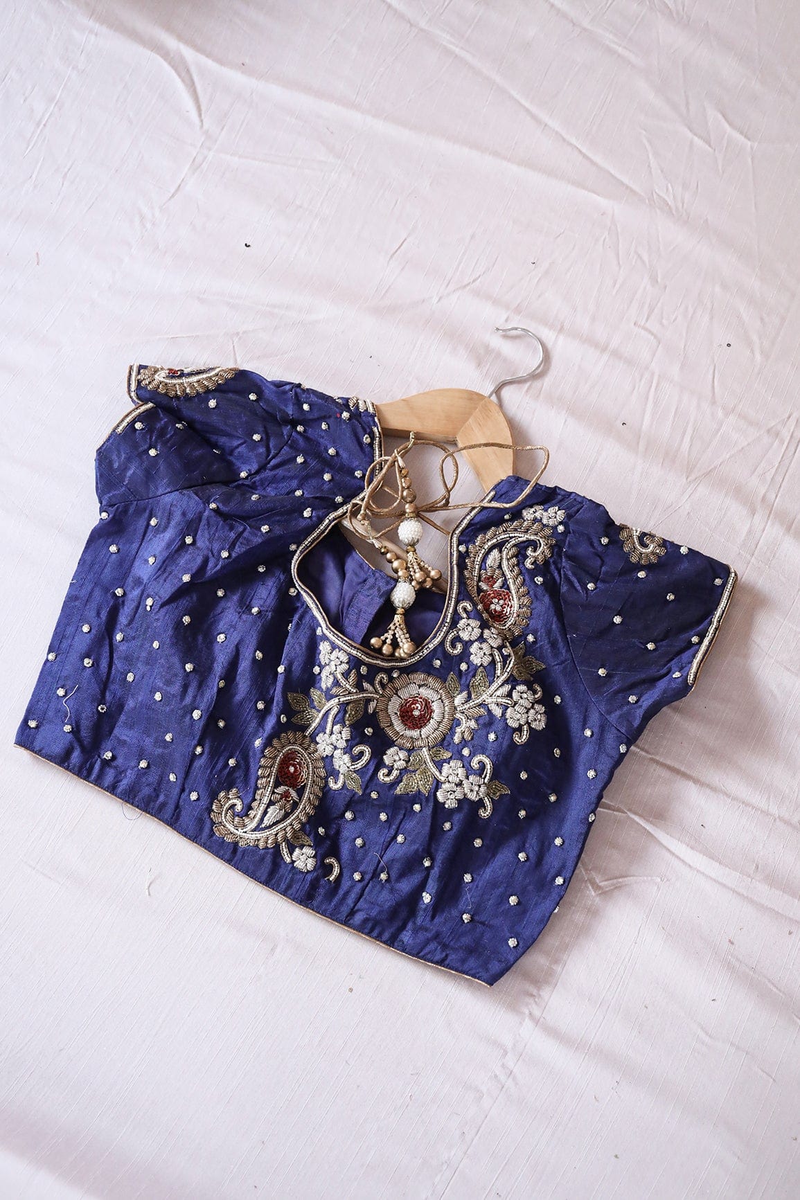 Navy Blue Hand Work Embroidery Raw Silk Stitched Blouse - doeraa
