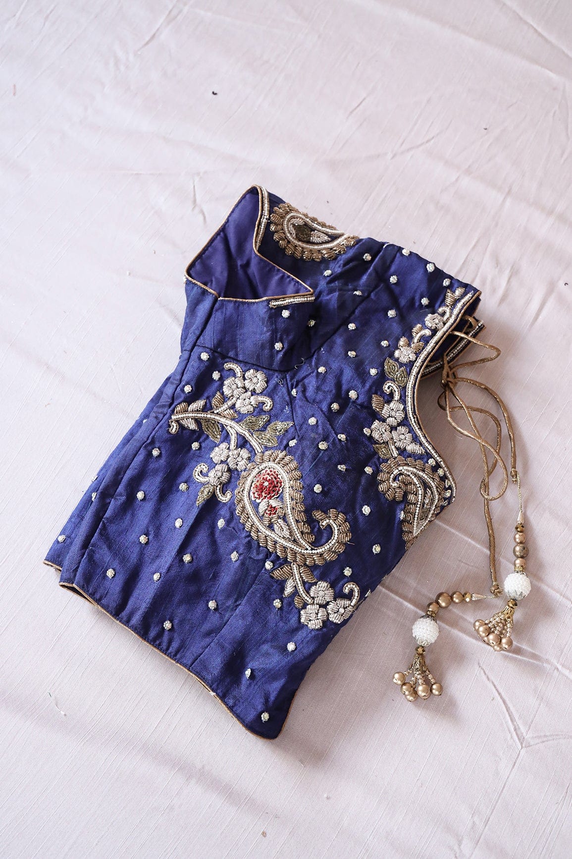 Navy Blue Hand Work Embroidery Raw Silk Stitched Blouse - doeraa