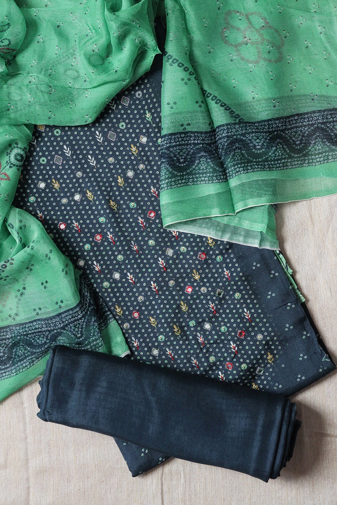 Navy Blue Semi Stitched Pure Muslin Suit Set (3 piece) - doeraa