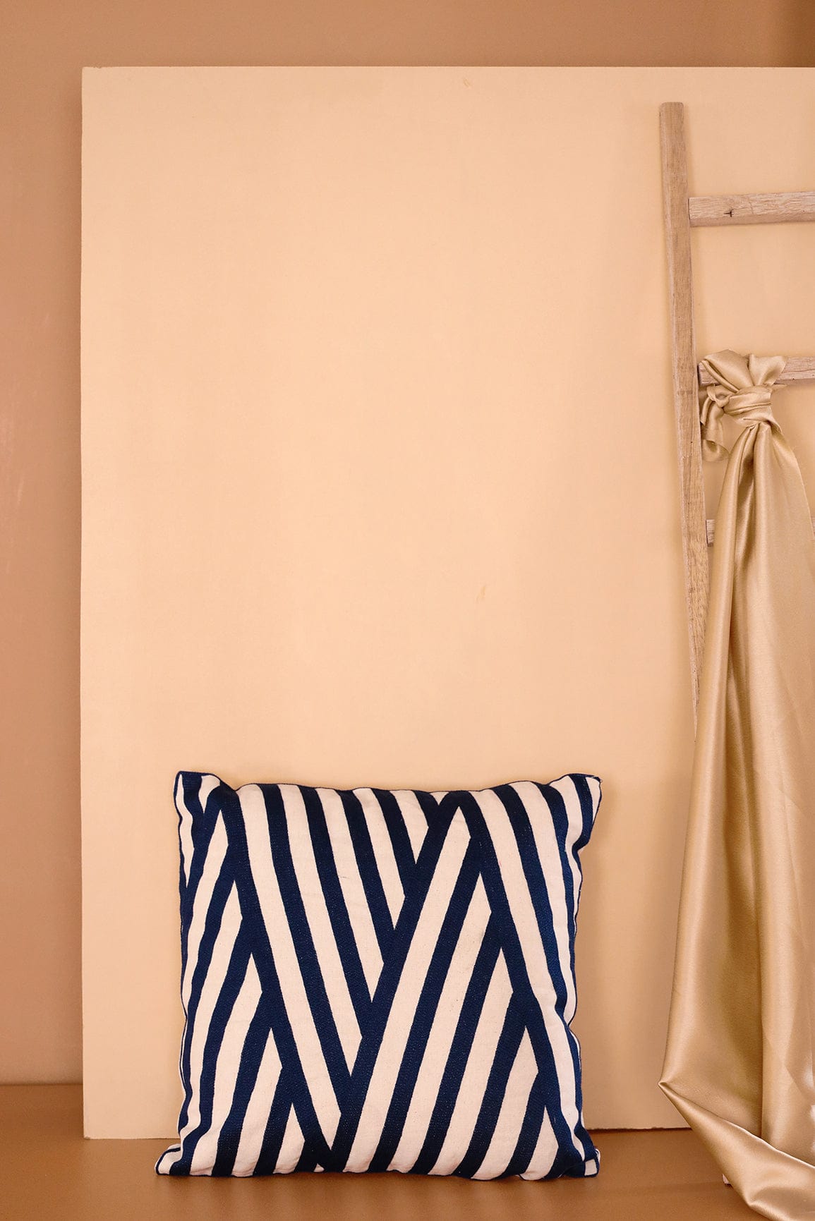 Navy Blue Stripped Embroidery on off white cotton Cushion Cover (16*16 inches) - doeraa