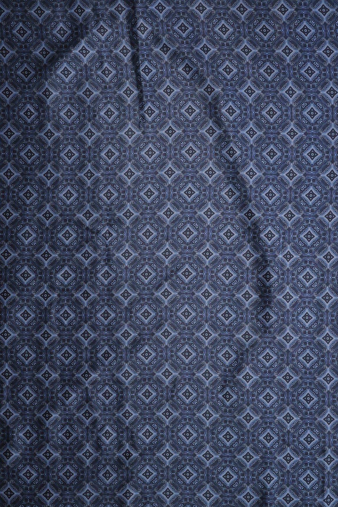 Navy Blue Traditional Pattern Digital Print On Black French Crepe Fabric - doeraa