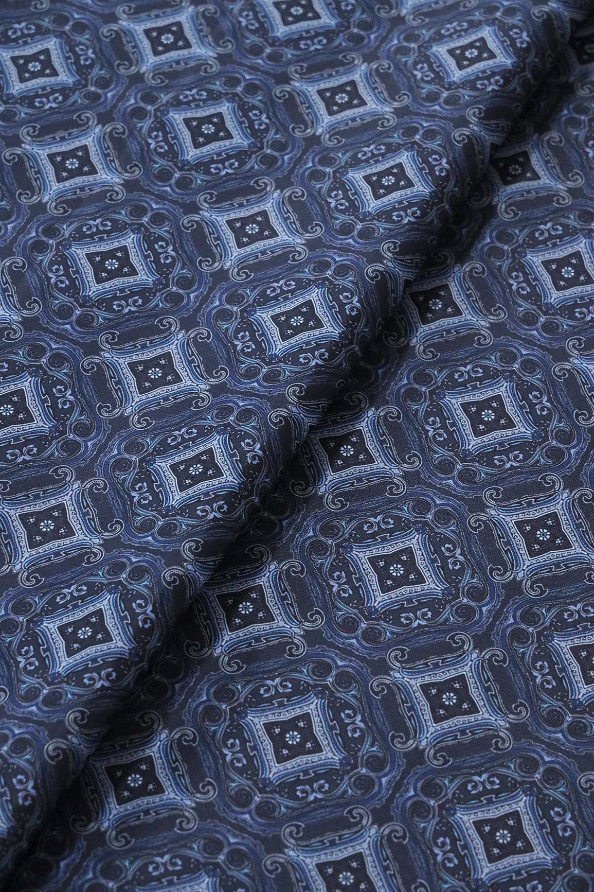 Navy Blue Traditional Pattern Digital Print On Black French Crepe Fabric - doeraa