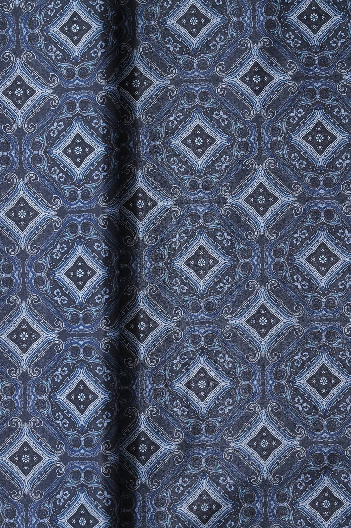 Navy Blue Traditional Pattern Digital Print On Black French Crepe Fabric - doeraa