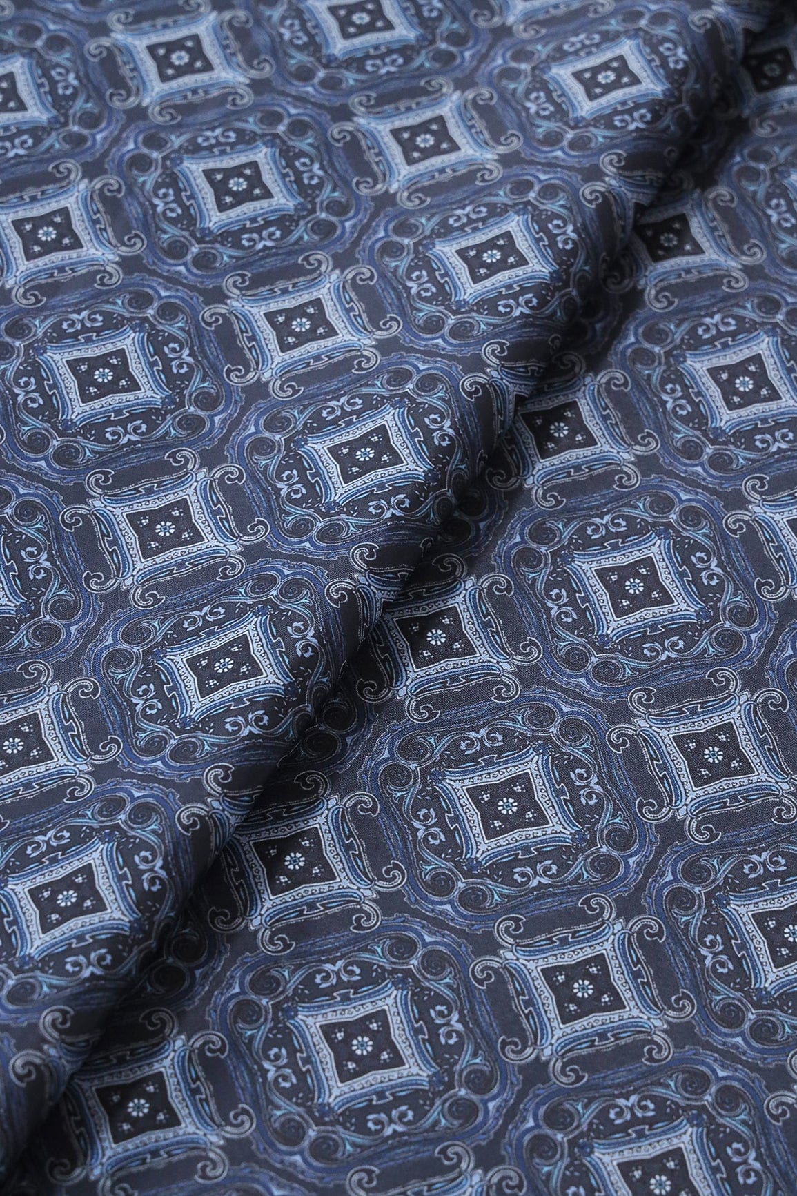 Navy Blue Traditional Pattern Digital Print On Black French Crepe Fabric - doeraa