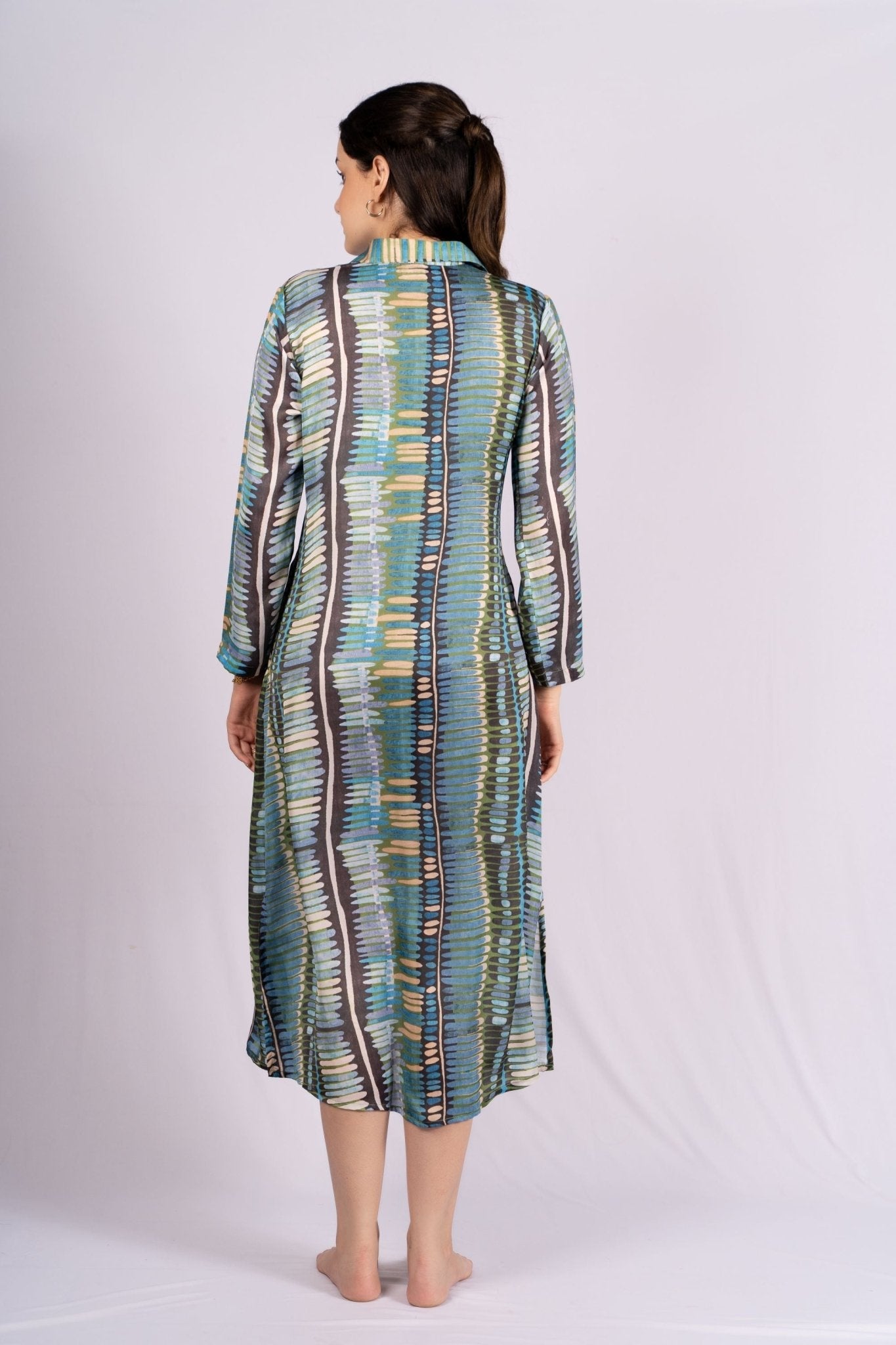 Oasis Blue Geometric Satin Shirt Dress - doeraa