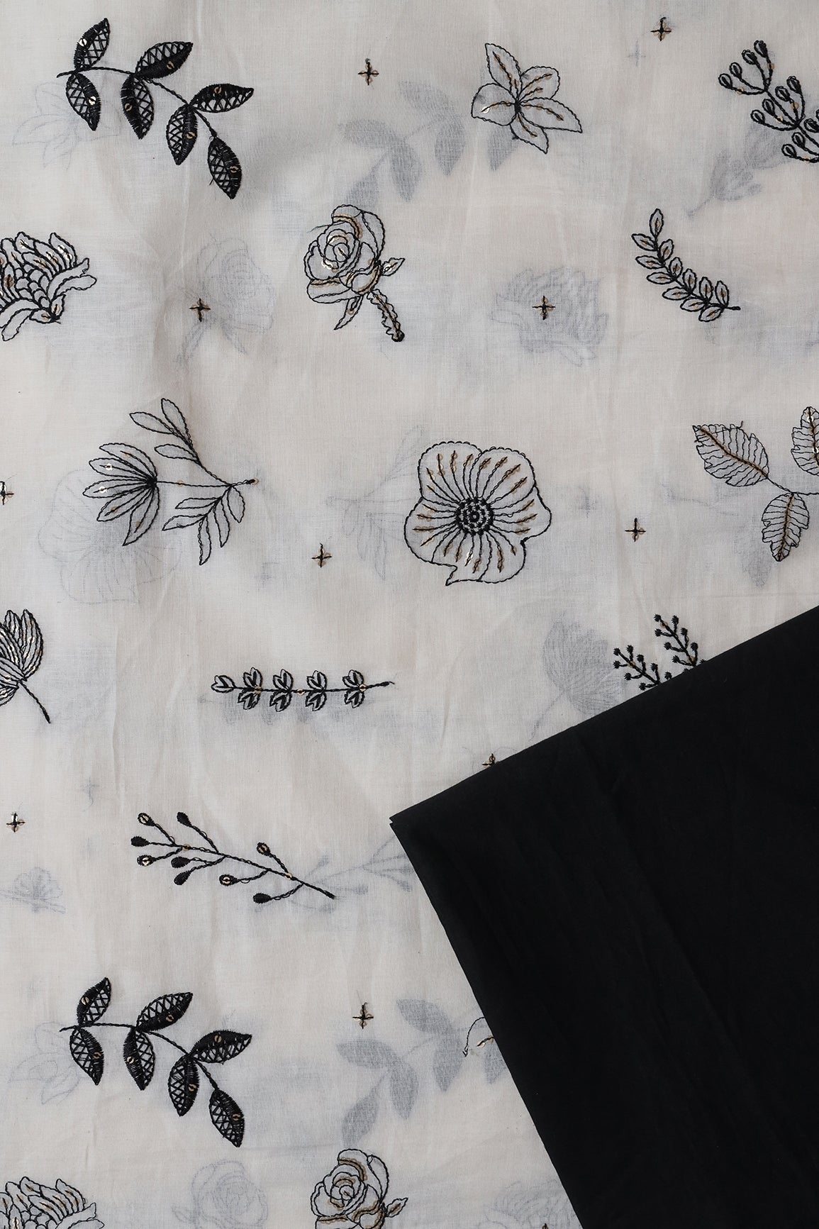 Off White And Black Organic Cotton Unstitched Suit Set (2 Piece) - doeraa