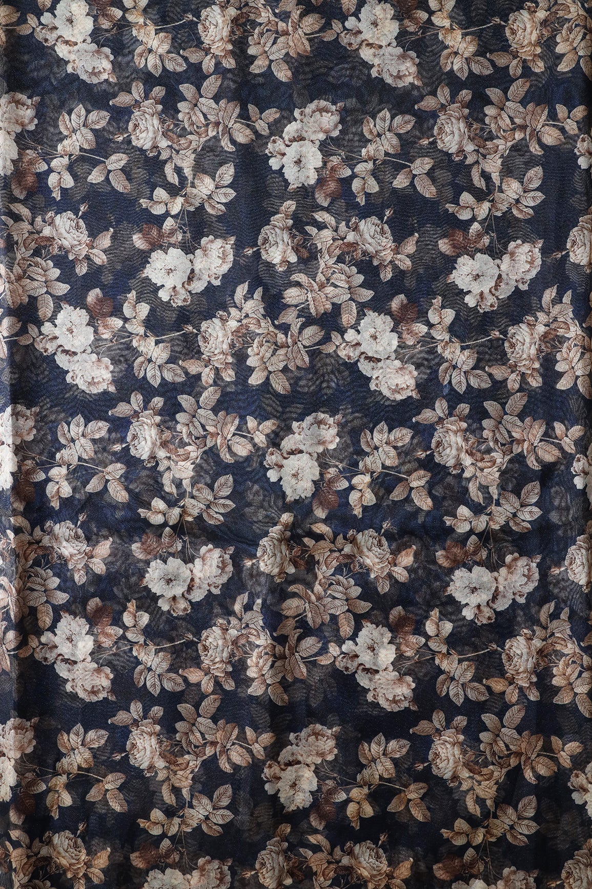Off White And Brown Floral Digital Print On Navy Blue Organza Fabric - doeraa