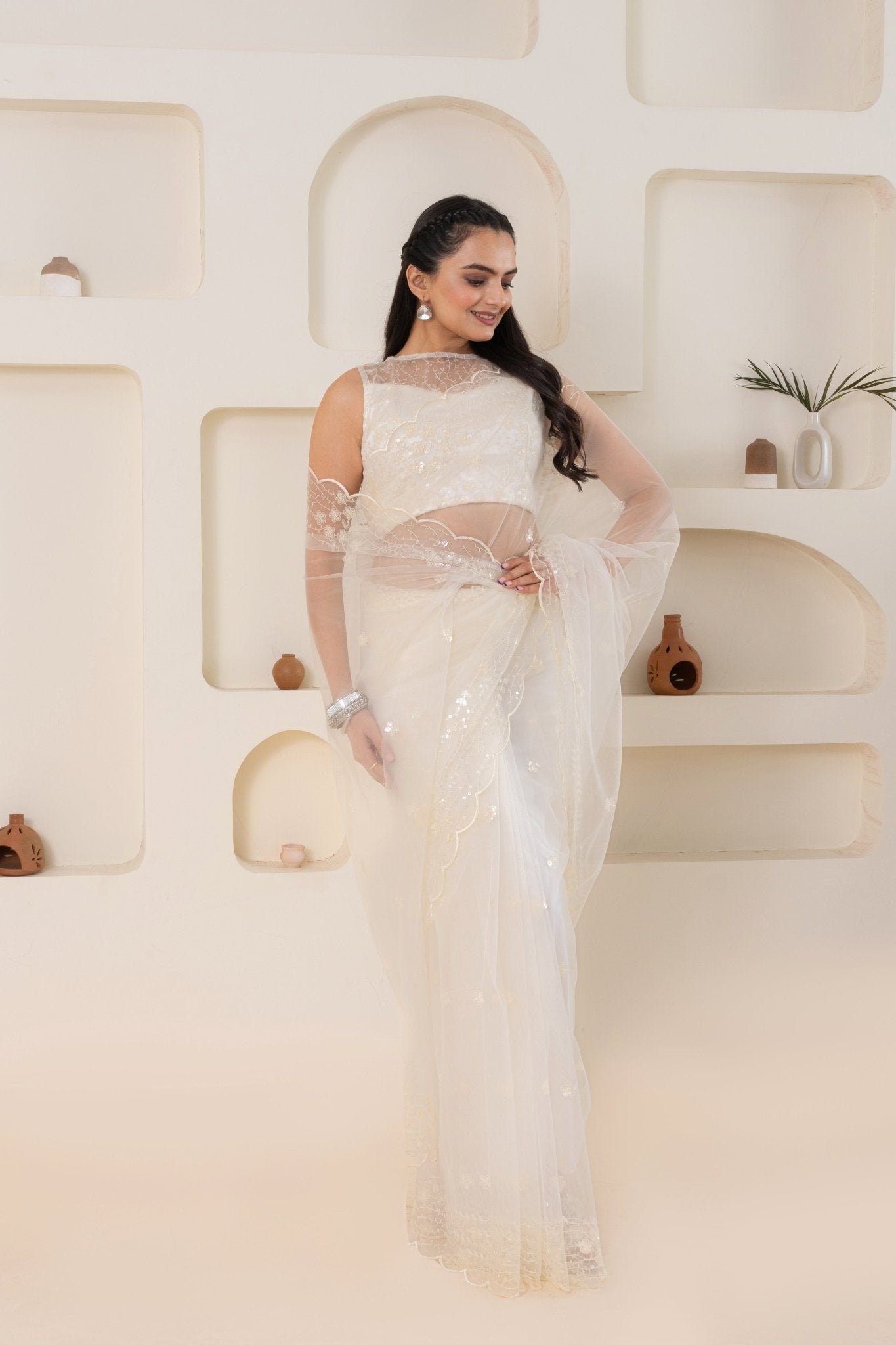 Off White Embroidery Saree Set (Saree With Blouse Piece) - doeraa