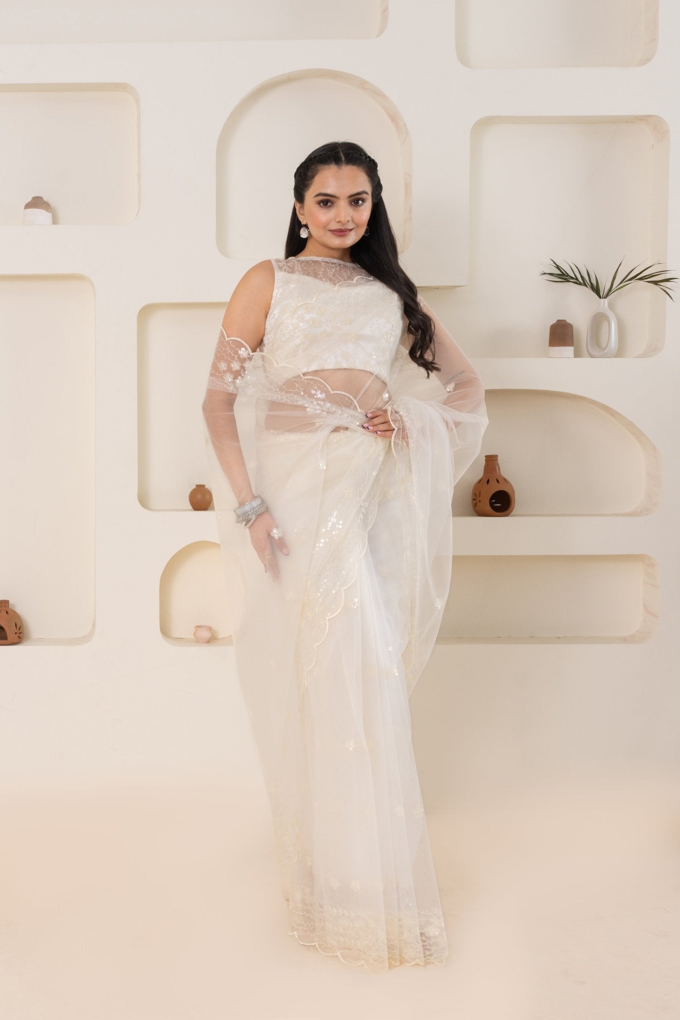 Off White Embroidery Saree Set (Saree With Blouse Piece) - doeraa