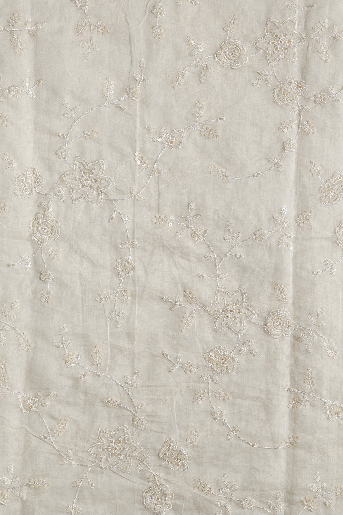 Off White Thread & Beads With Same Tone Sequins Beautiful Floral Leafy Embroidery Work On Off White Pure Mul Chanderi Silk Fabric - doeraa