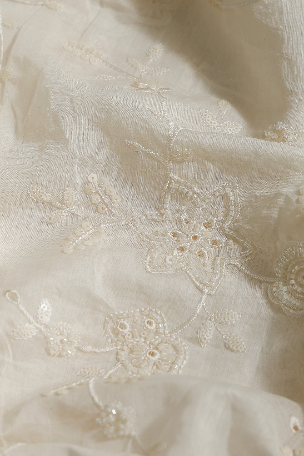 Off White Thread & Beads With Same Tone Sequins Beautiful Floral Leafy Embroidery Work On Off White Pure Mul Chanderi Silk Fabric - doeraa