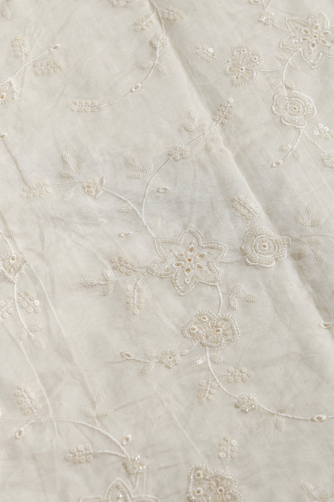 Off White Thread & Beads With Same Tone Sequins Beautiful Floral Leafy Embroidery Work On Off White Pure Mul Chanderi Silk Fabric - doeraa