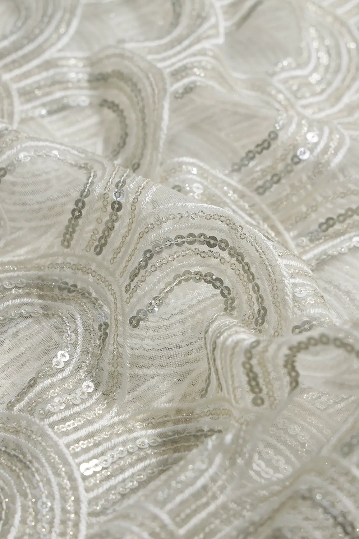 Off White Thread With Silver Sequins Abstract Embroidery Work On Off White Soft Net Fabric - doeraa