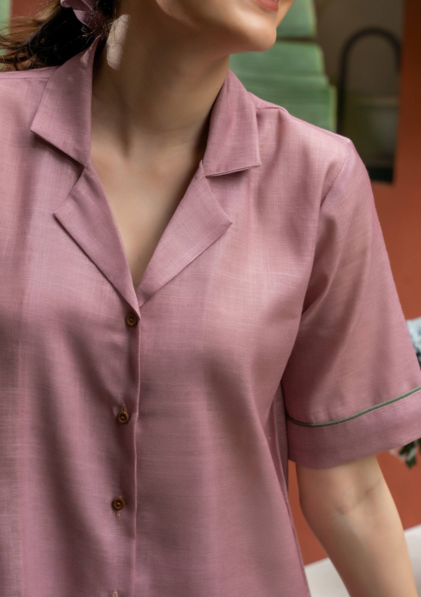 Old Rose Nude Pink Linen Shirt Dress with Wooden Buttons - doeraa