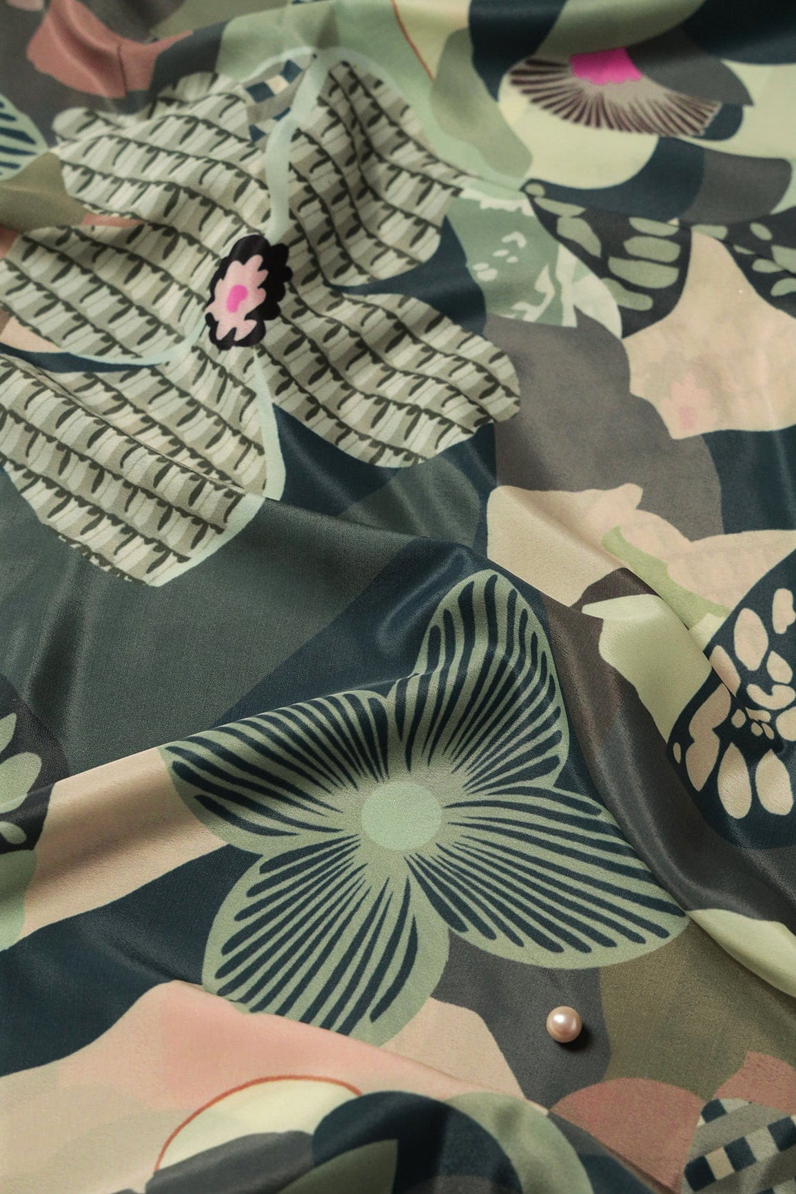 Olive And Cream Floral Pattern Digital Print On Crepe Fabric - doeraa