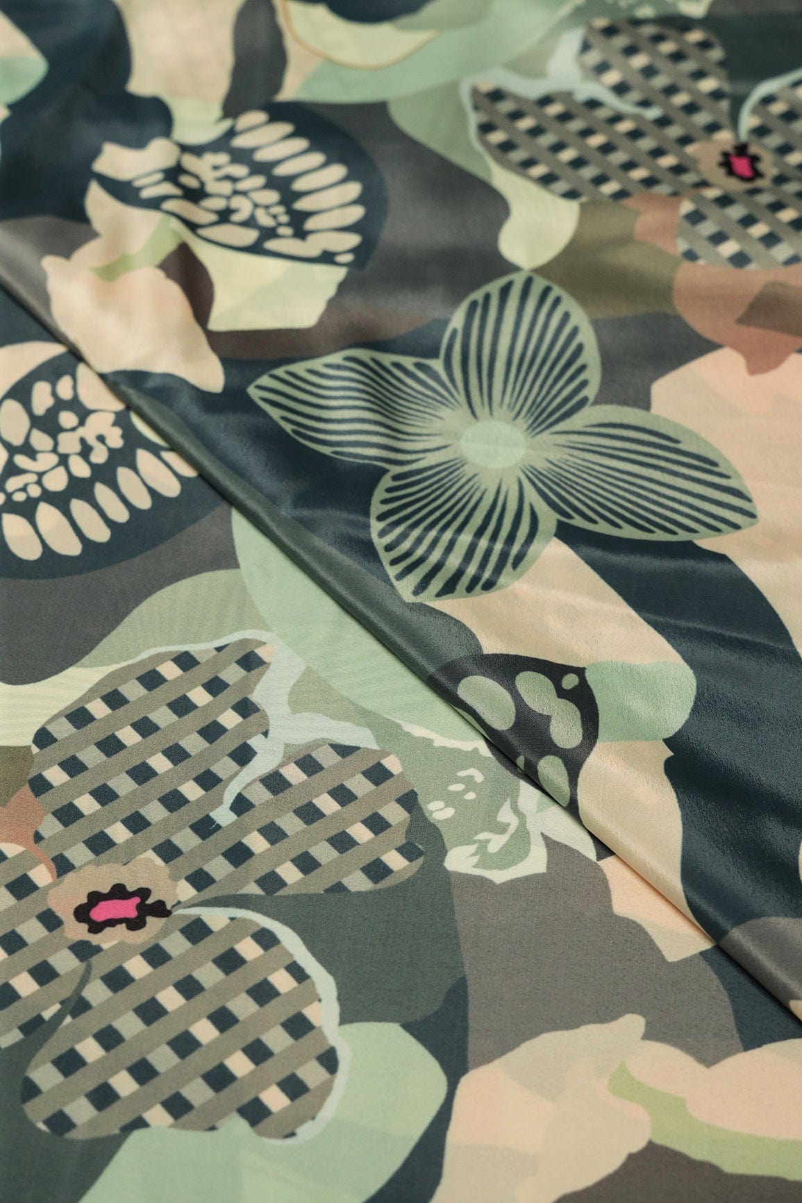 Olive And Cream Floral Pattern Digital Print On Crepe Fabric - doeraa