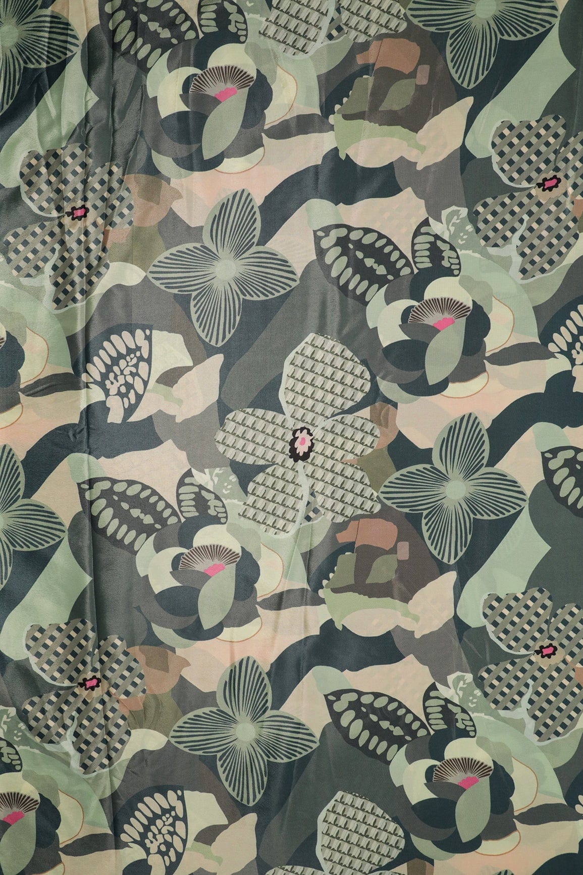 Olive And Cream Floral Pattern Digital Print On Crepe Fabric - doeraa