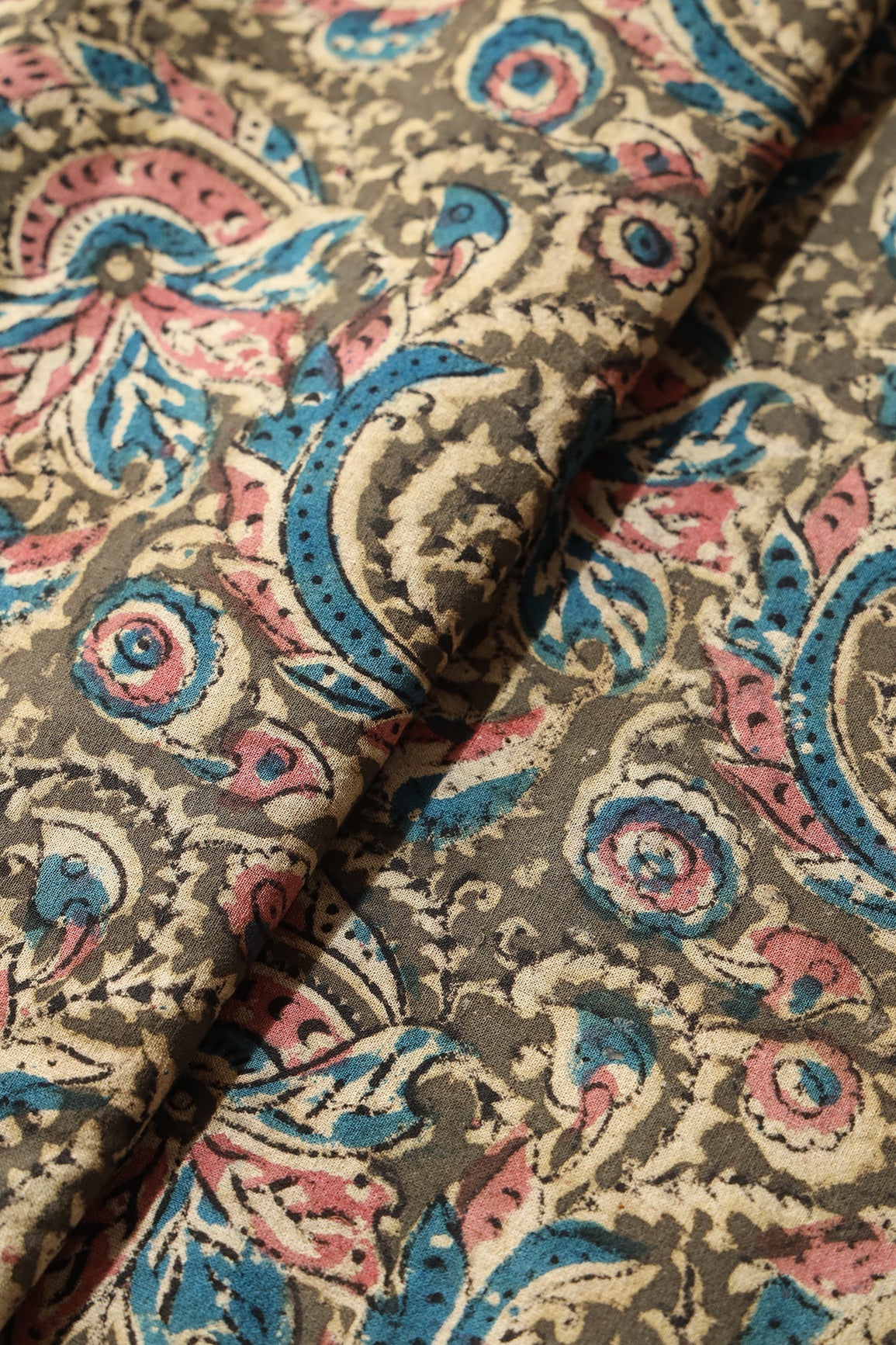 Olive And Light Beige Floral Pattern Handblock Kalamkari Organic Cotton Fabric - doeraa