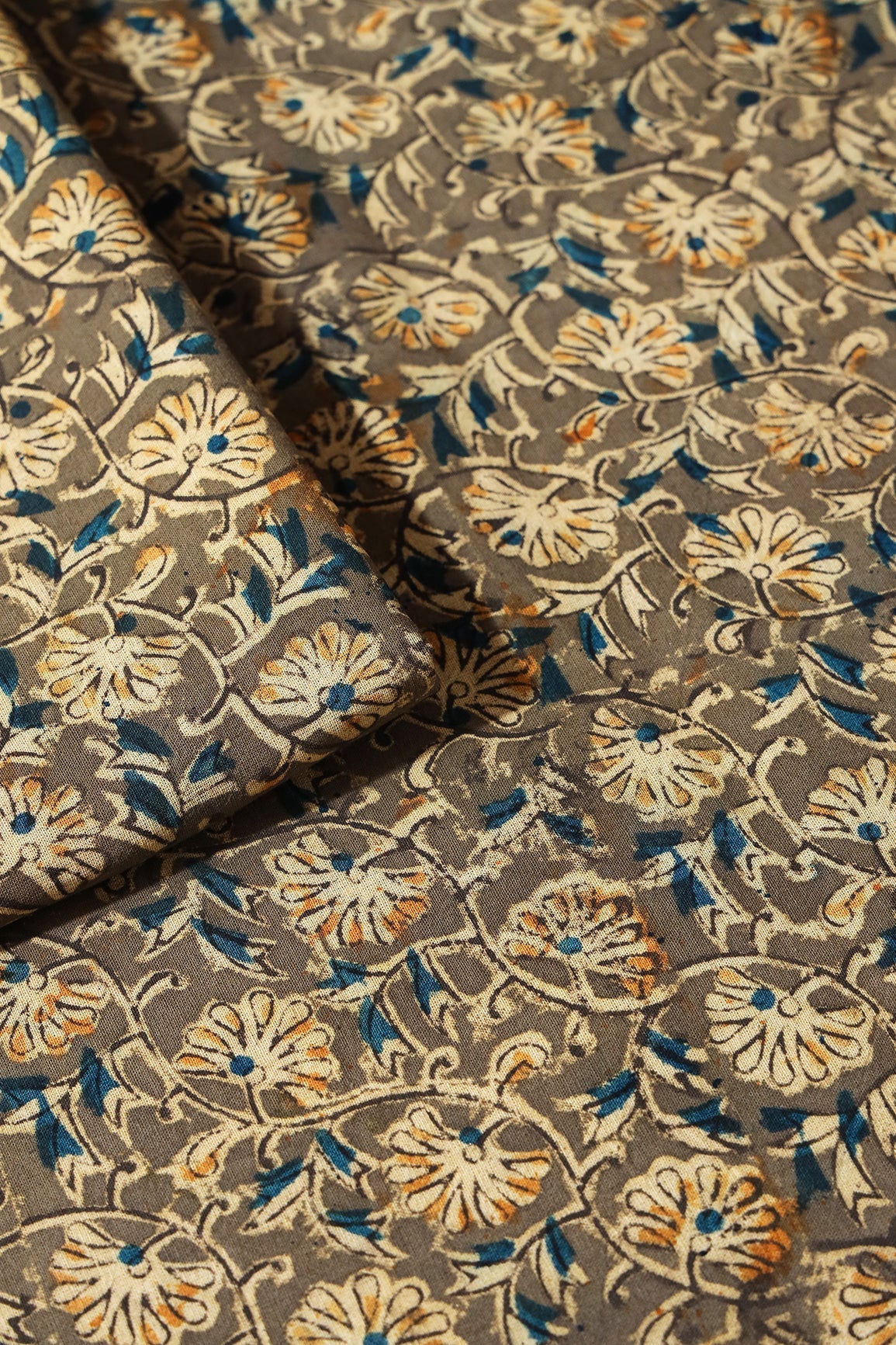 Olive And Light Beige Floral Pattern Handblock Kalamkari Organic Cotton Fabric - doeraa