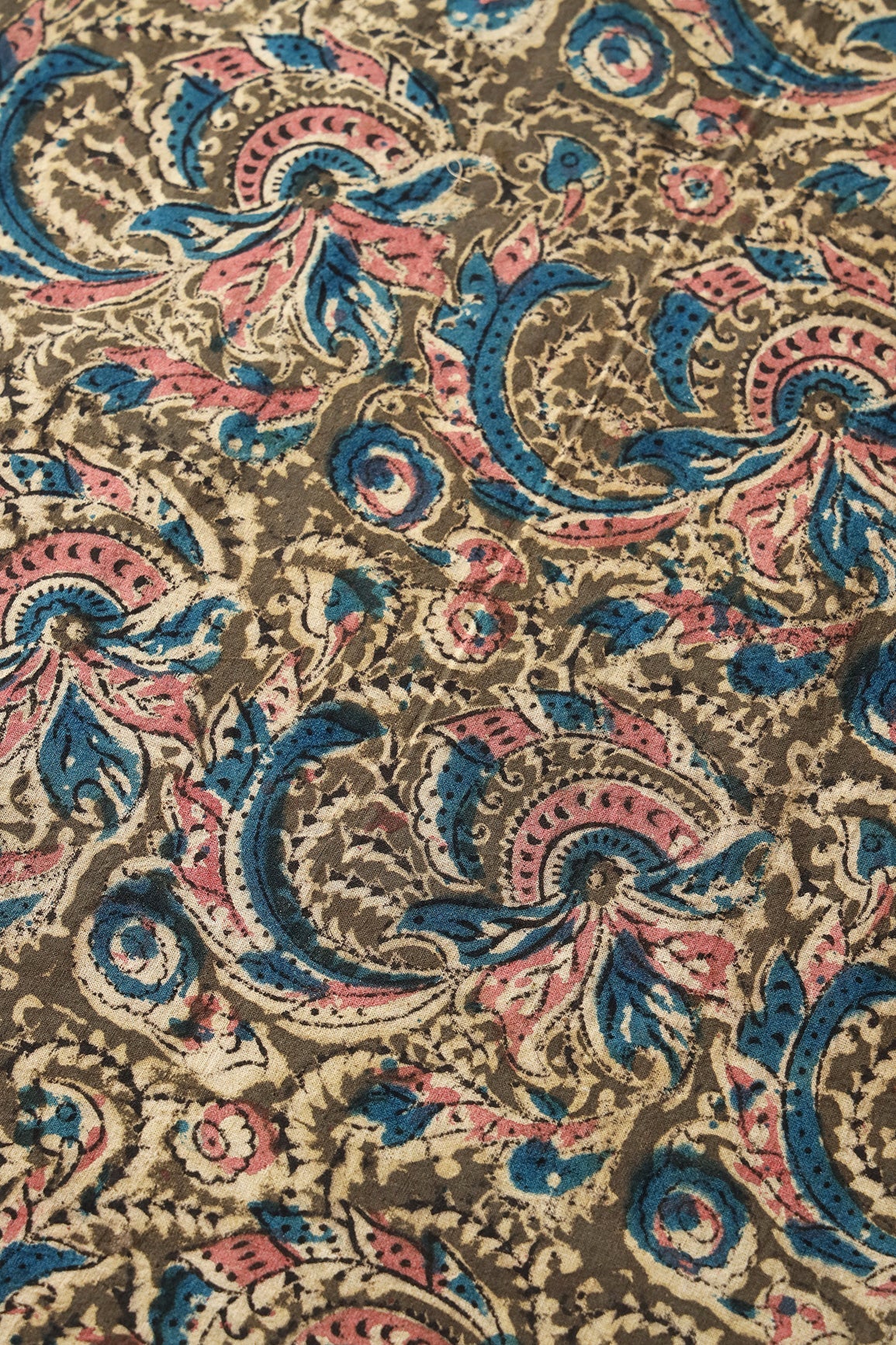 Olive And Light Beige Floral Pattern Handblock Kalamkari Organic Cotton Fabric - doeraa