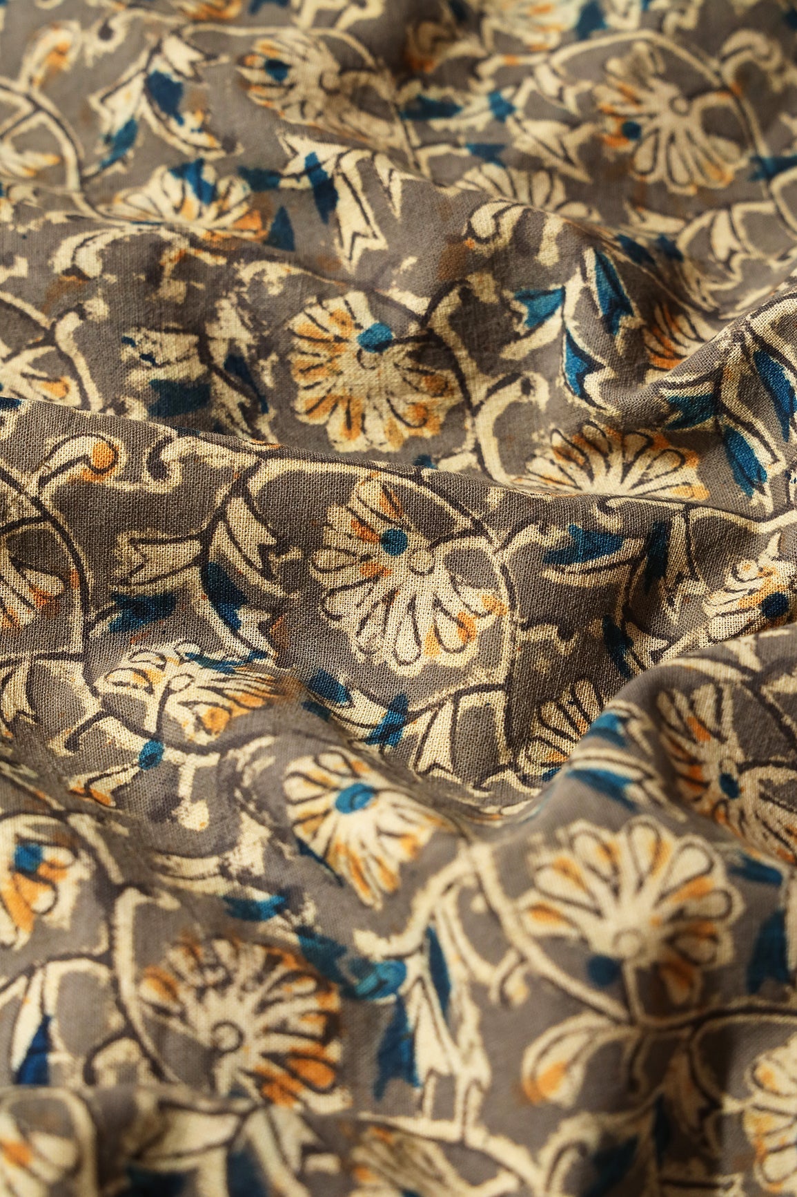 Olive And Light Beige Floral Pattern Handblock Kalamkari Organic Cotton Fabric - doeraa