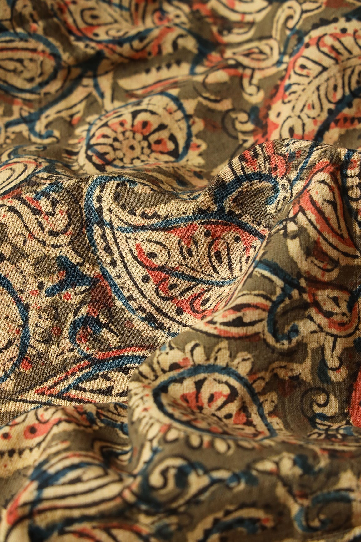 Olive And Light Beige Paisley Pattern Handblock Kalamkari Organic Cotton Fabric - doeraa