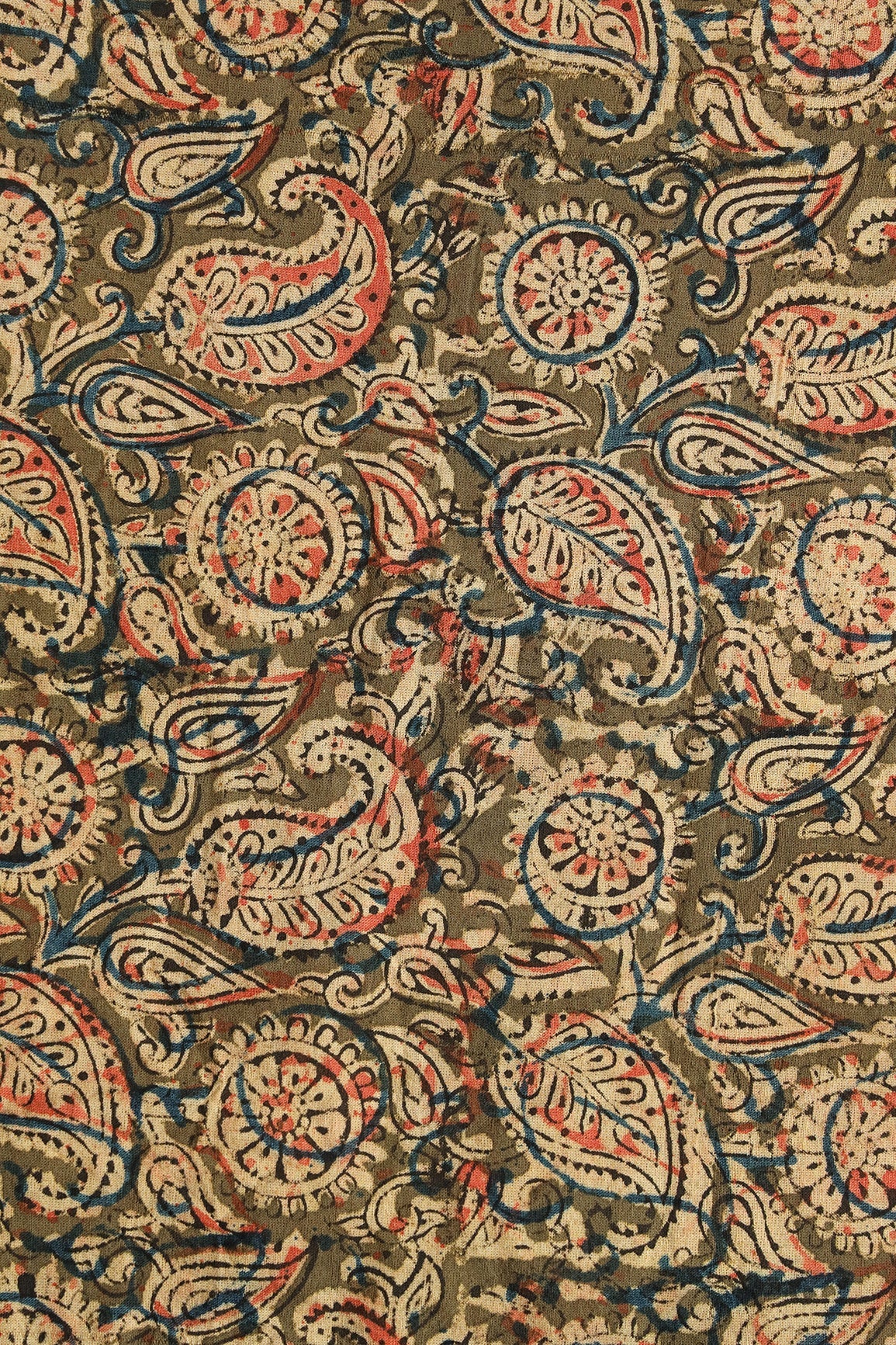 Olive And Light Beige Paisley Pattern Handblock Kalamkari Organic Cotton Fabric - doeraa