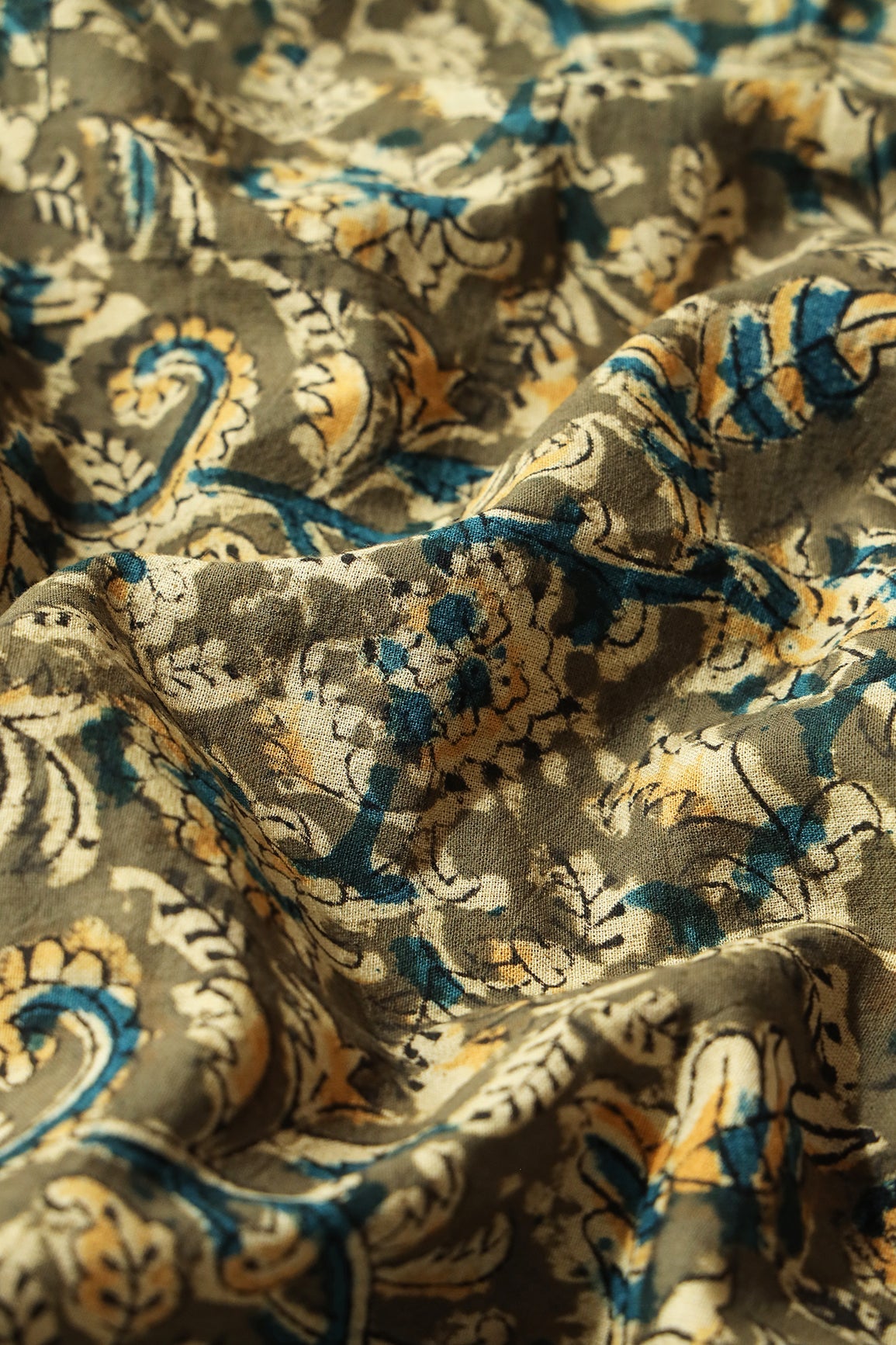 Olive And Light Beige Paisley Pattern Handblock Kalamkari Organic Cotton Fabric - doeraa