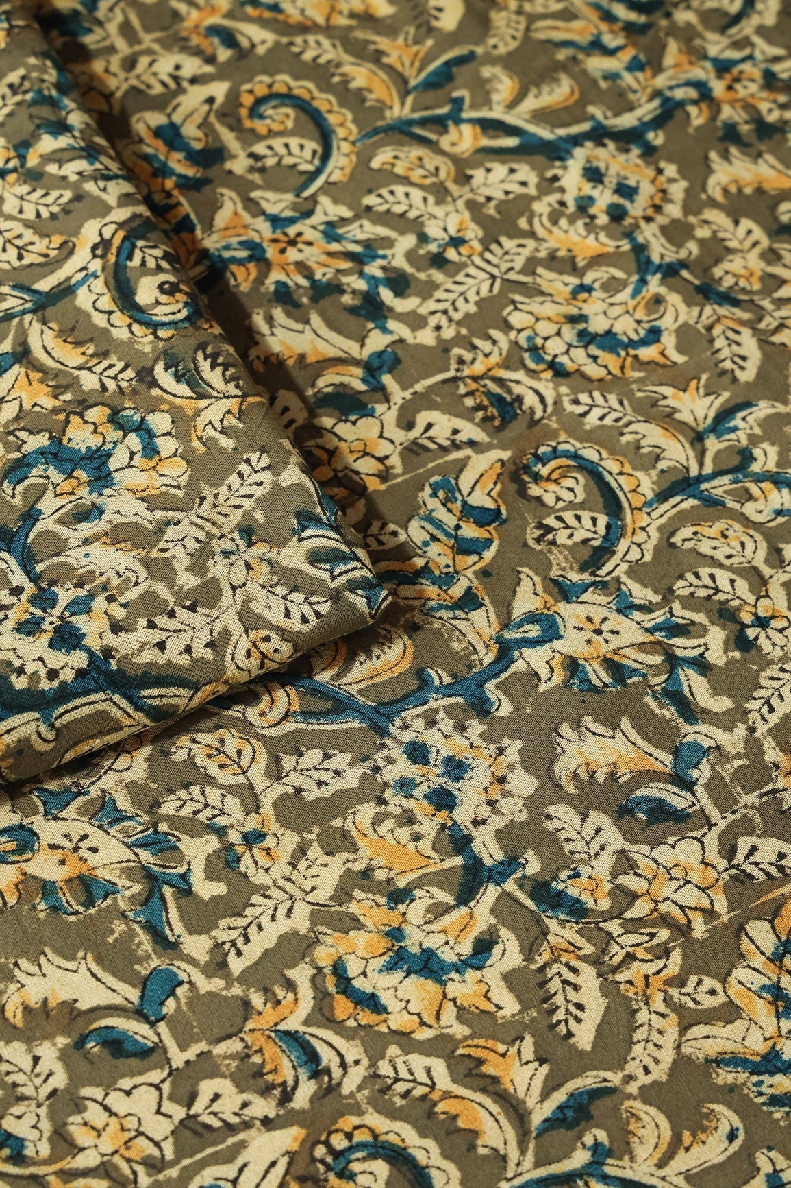 Olive And Light Beige Paisley Pattern Handblock Kalamkari Organic Cotton Fabric - doeraa