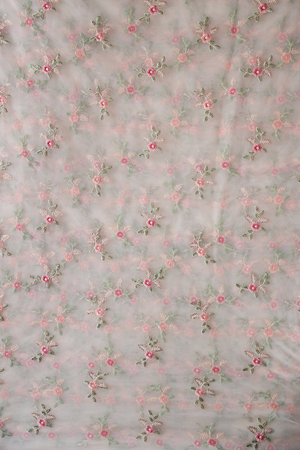 Olive And Pink Thread With Gold Sequins Floral Butta Embroidery On Cream Soft Net Fabric - doeraa