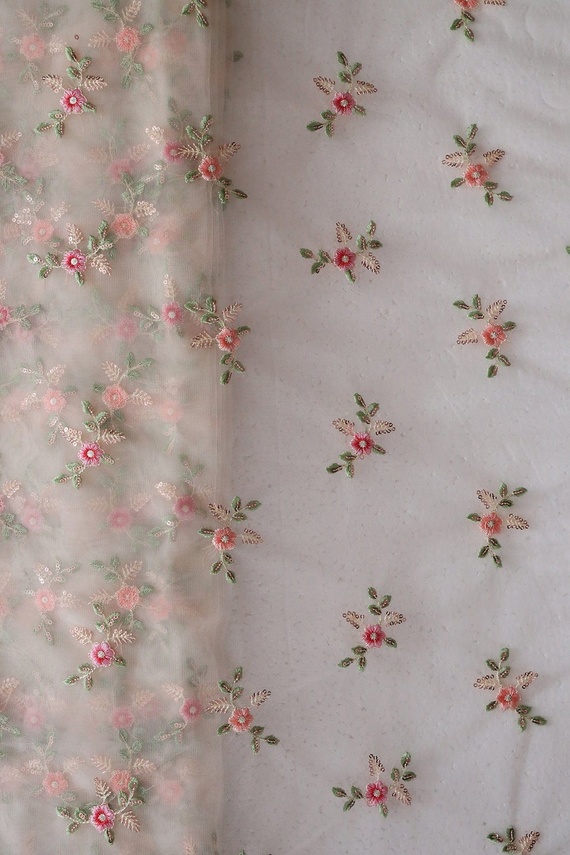 Olive And Pink Thread With Gold Sequins Floral Butta Embroidery On Cream Soft Net Fabric - doeraa