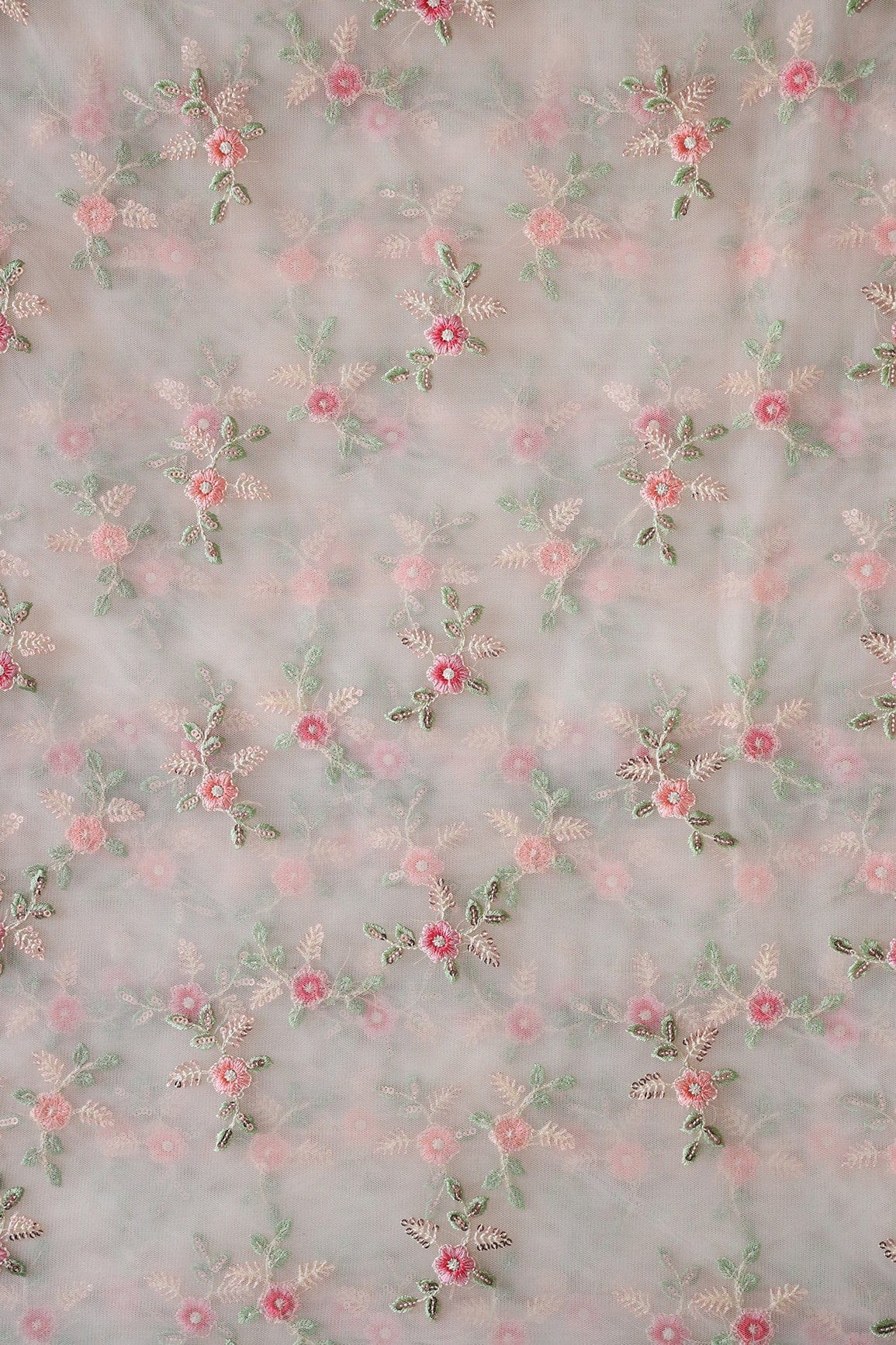 Olive And Pink Thread With Gold Sequins Floral Butta Embroidery On Cream Soft Net Fabric - doeraa
