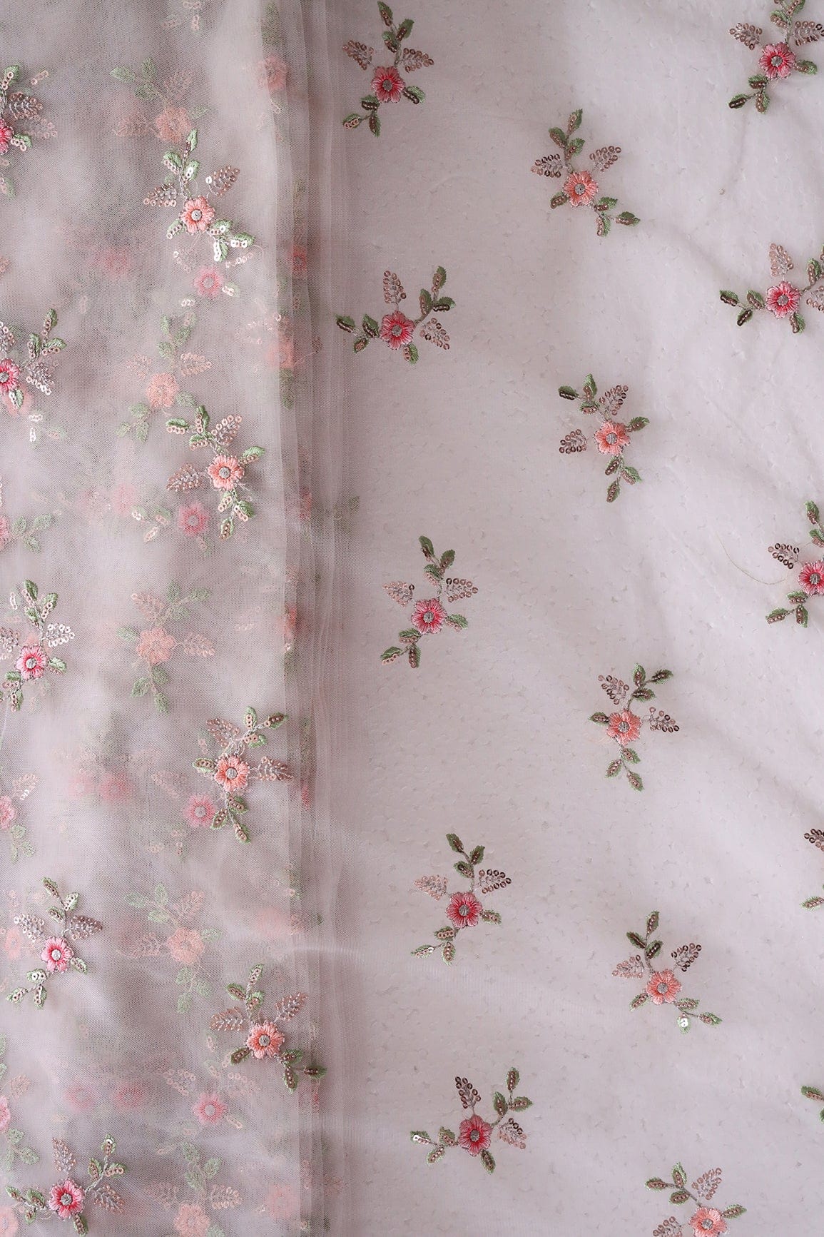 Olive And Pink Thread With Gold Sequins Floral Butta Embroidery On Pastel Grey Soft Net Fabric - doeraa