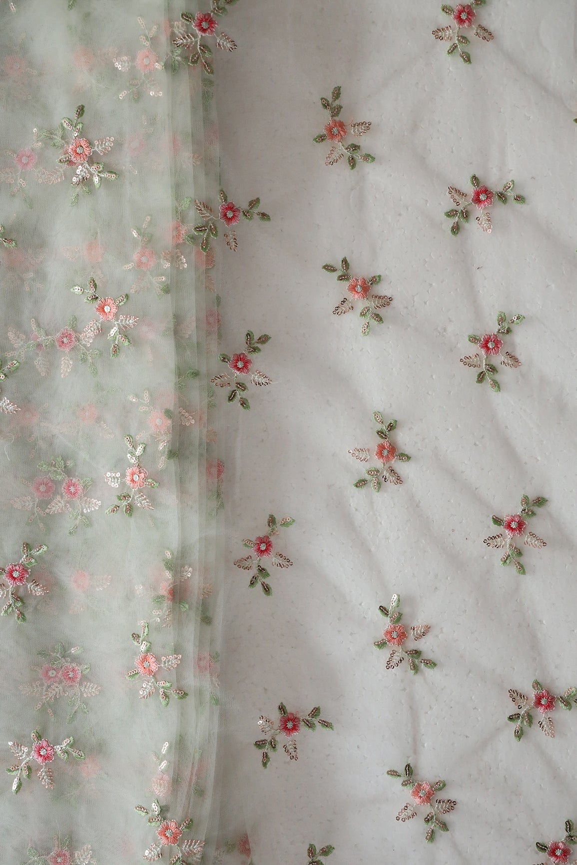 Olive And Pink Thread With Gold Sequins Floral Butta Embroidery On Pastel Olive Soft Net Fabric - doeraa