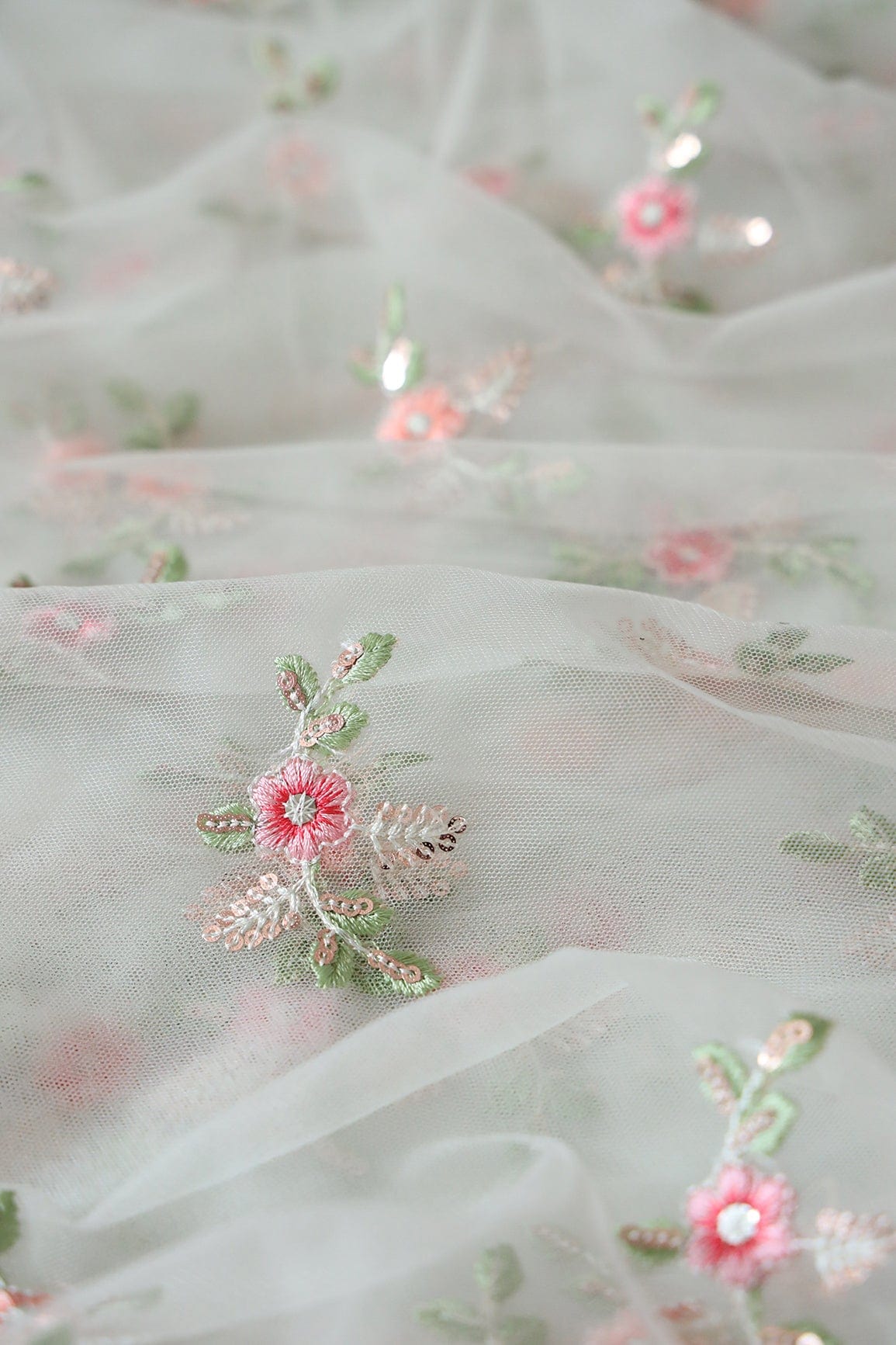 Olive And Pink Thread With Gold Sequins Floral Butta Embroidery On Pastel Olive Soft Net Fabric - doeraa